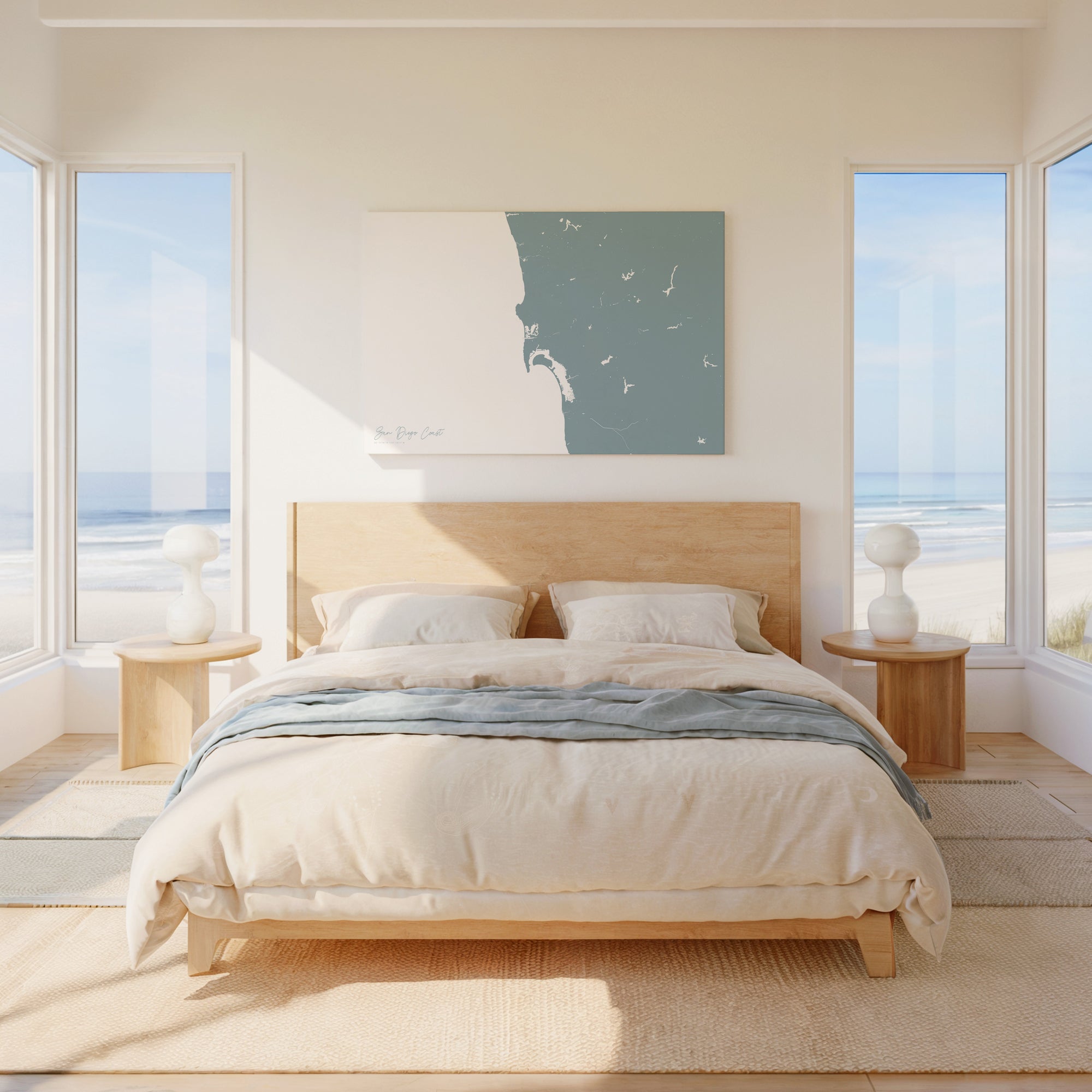 San Diego Coast soft blue horizontal wrapped canvas map in the ratio 3:2 hand mockup