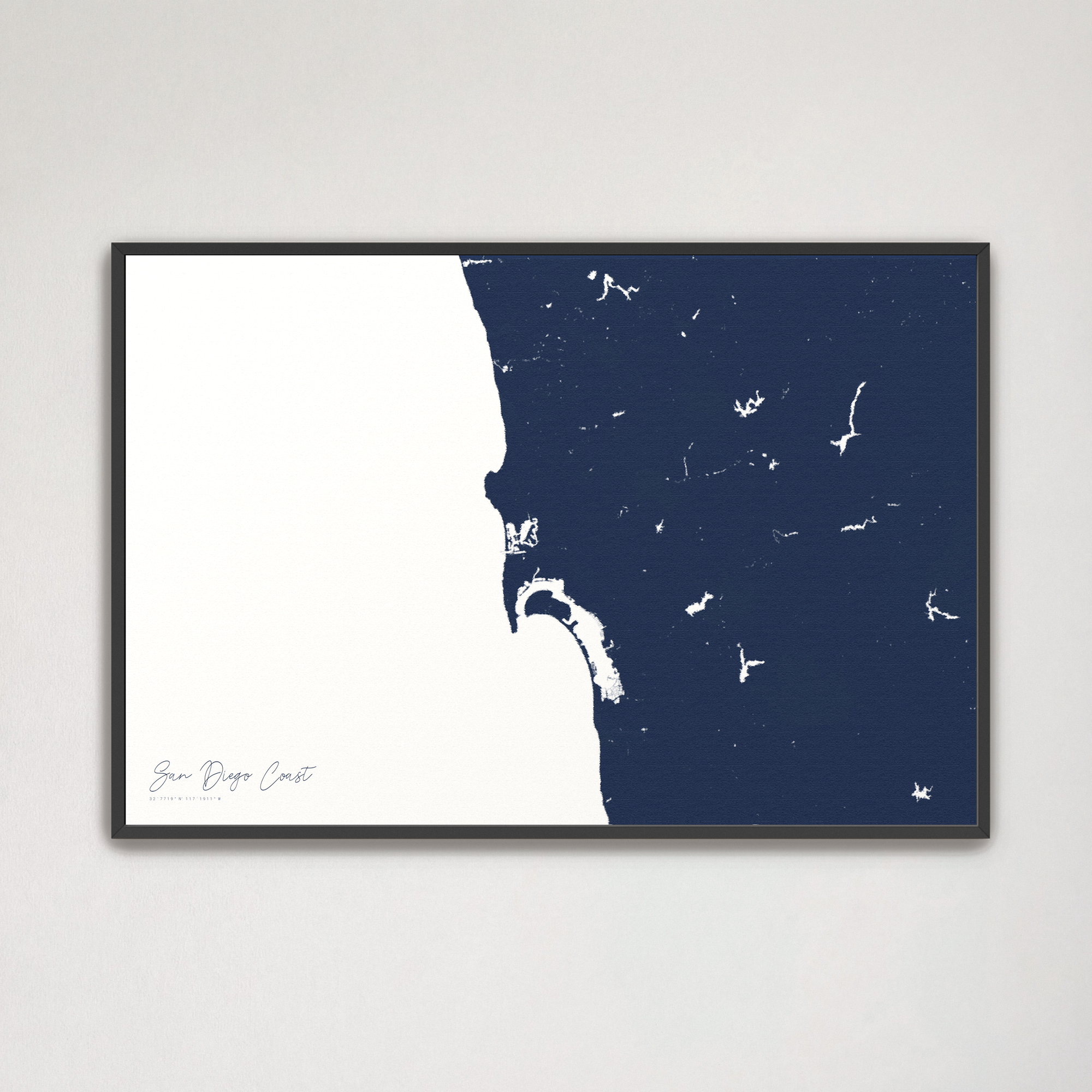 San Diego Coast Coastal Map — Canvas Horizontal, navy, Black Frame