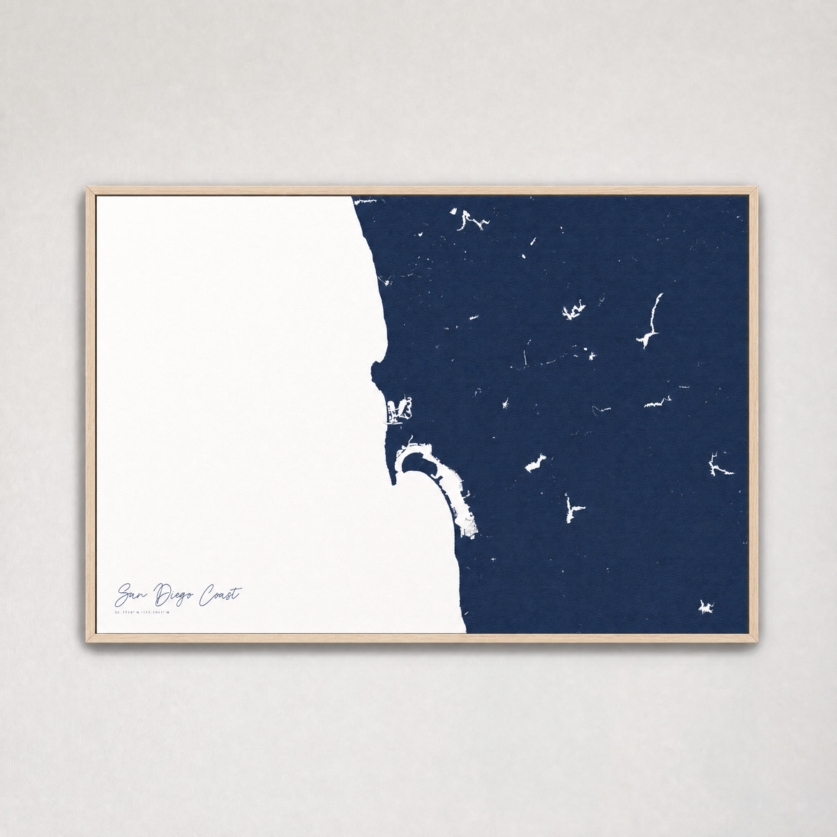 San Diego Coast Coastal Map — Canvas Horizontal — navy, Light Wood