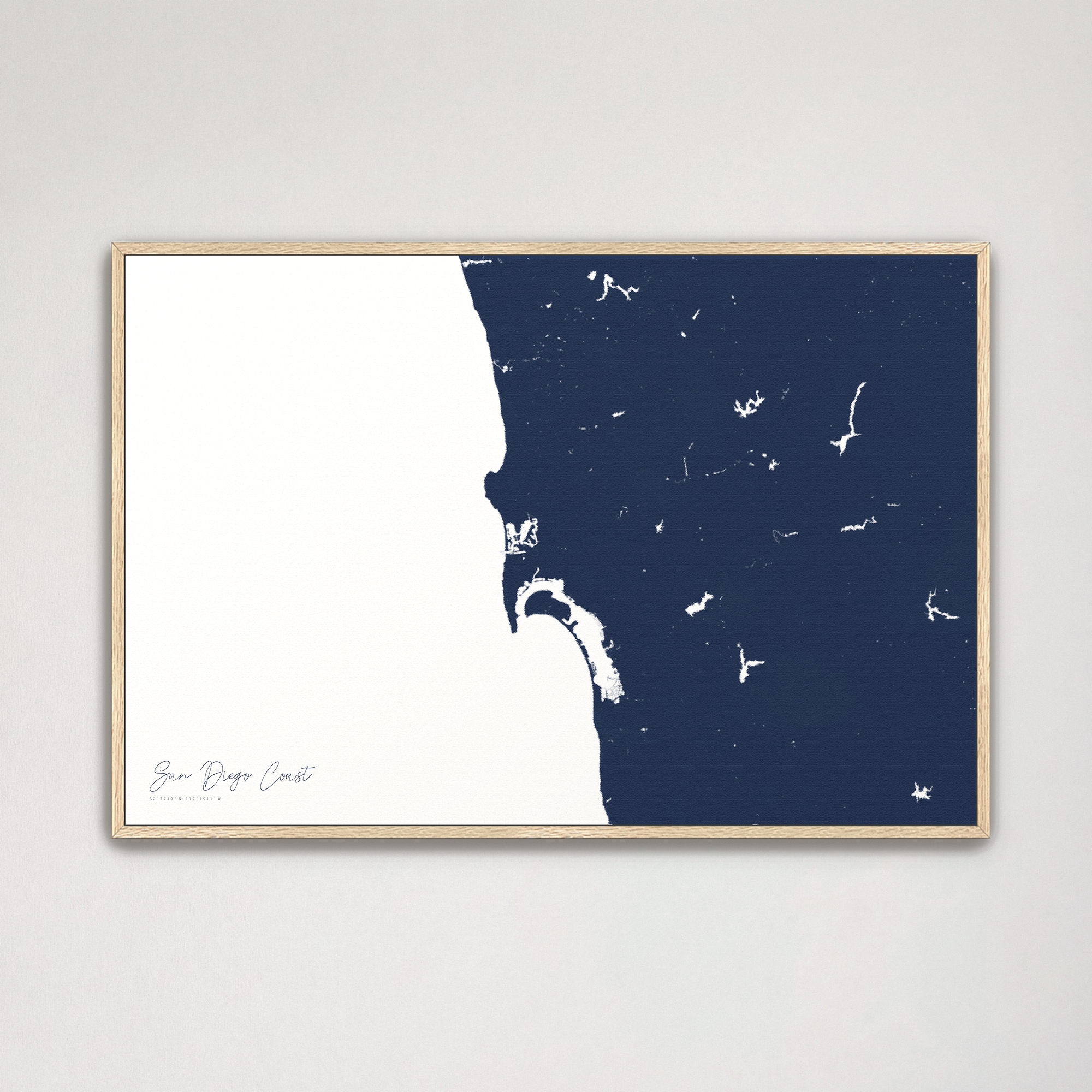 San Diego Coast Coastal Map — Canvas Horizontal, navy, Natural Oak