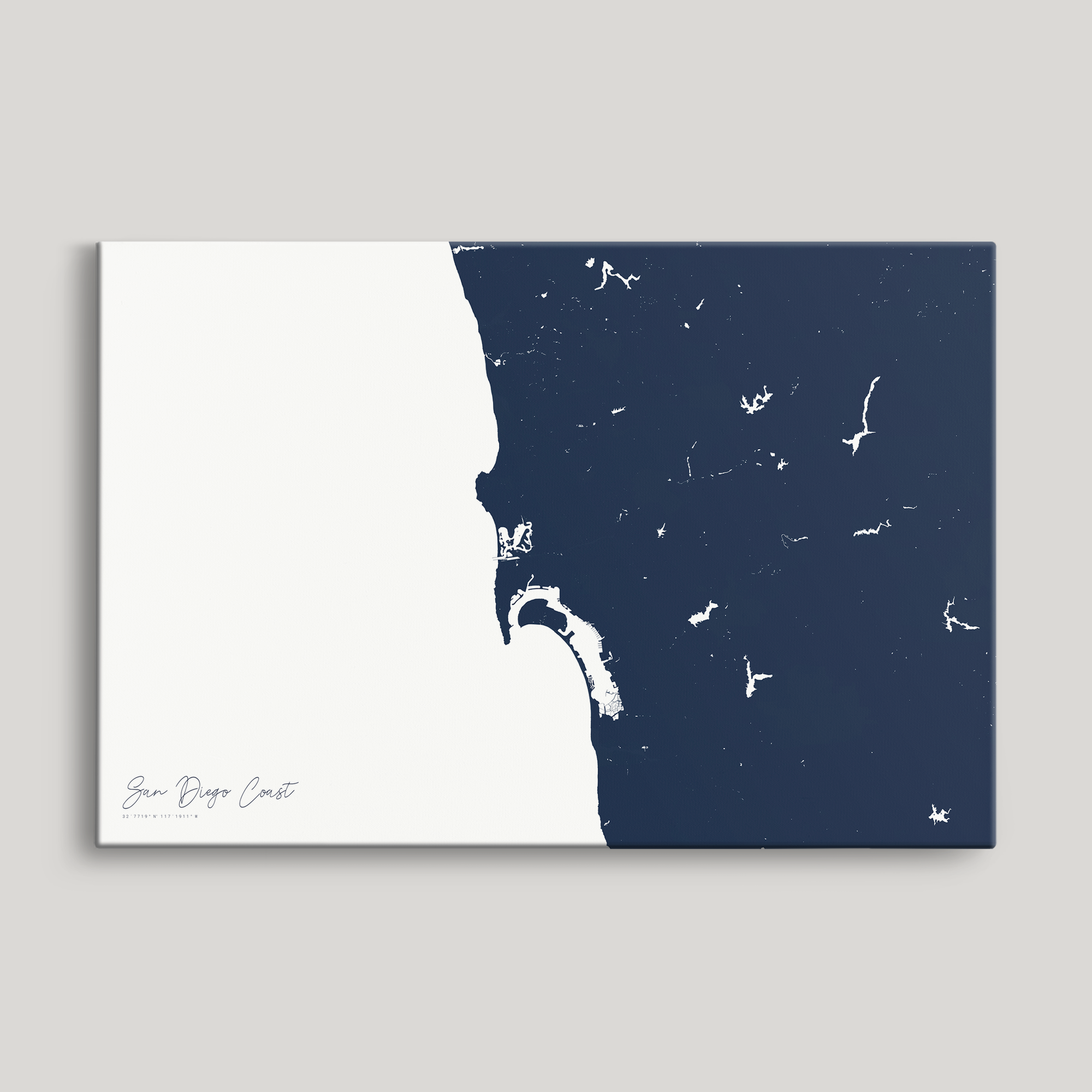 San Diego Coast Coastal Map — Canvas Horizontal, navy, No Frame