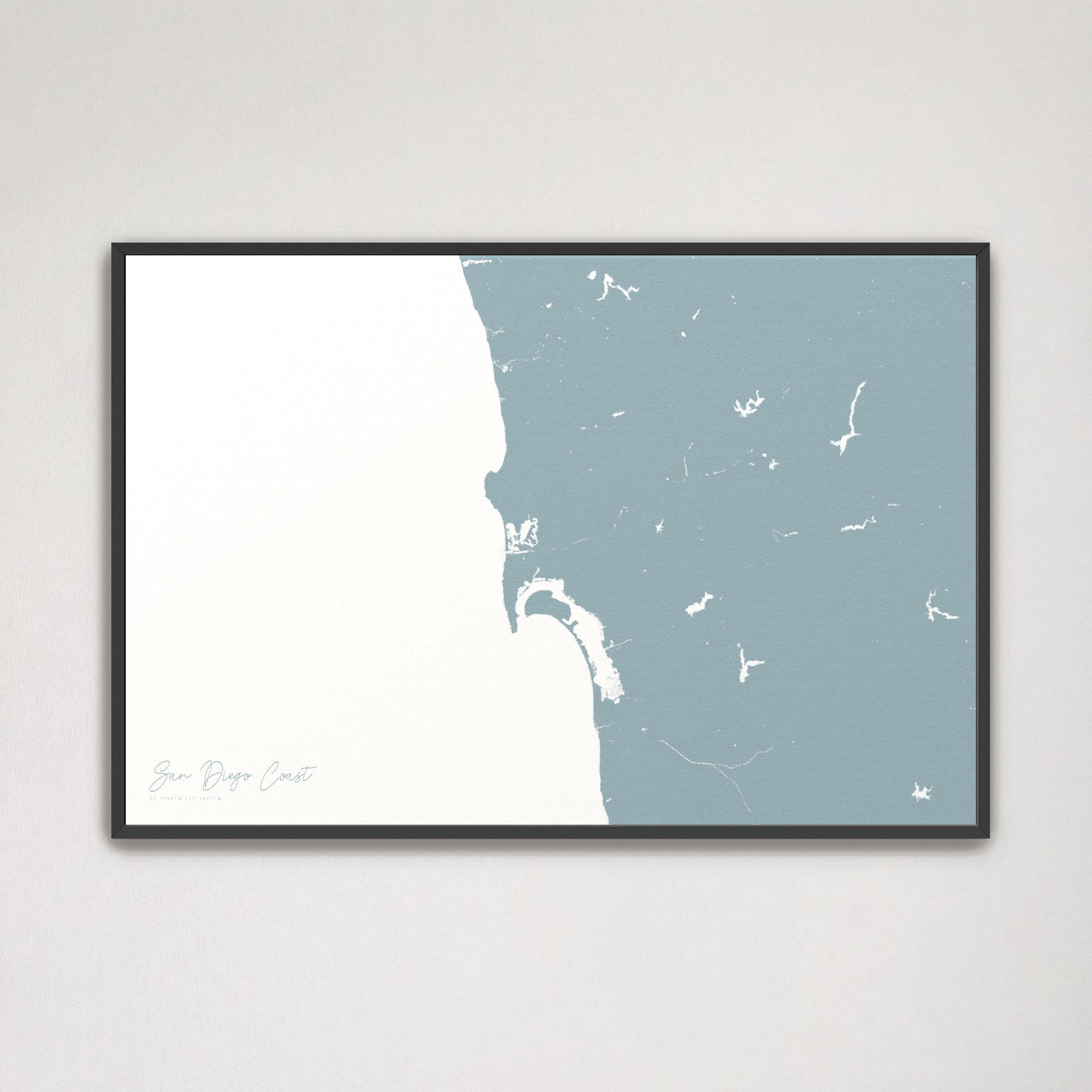 San Diego Coast Coastal Map — Canvas Horizontal, soft-blue, Black Frame