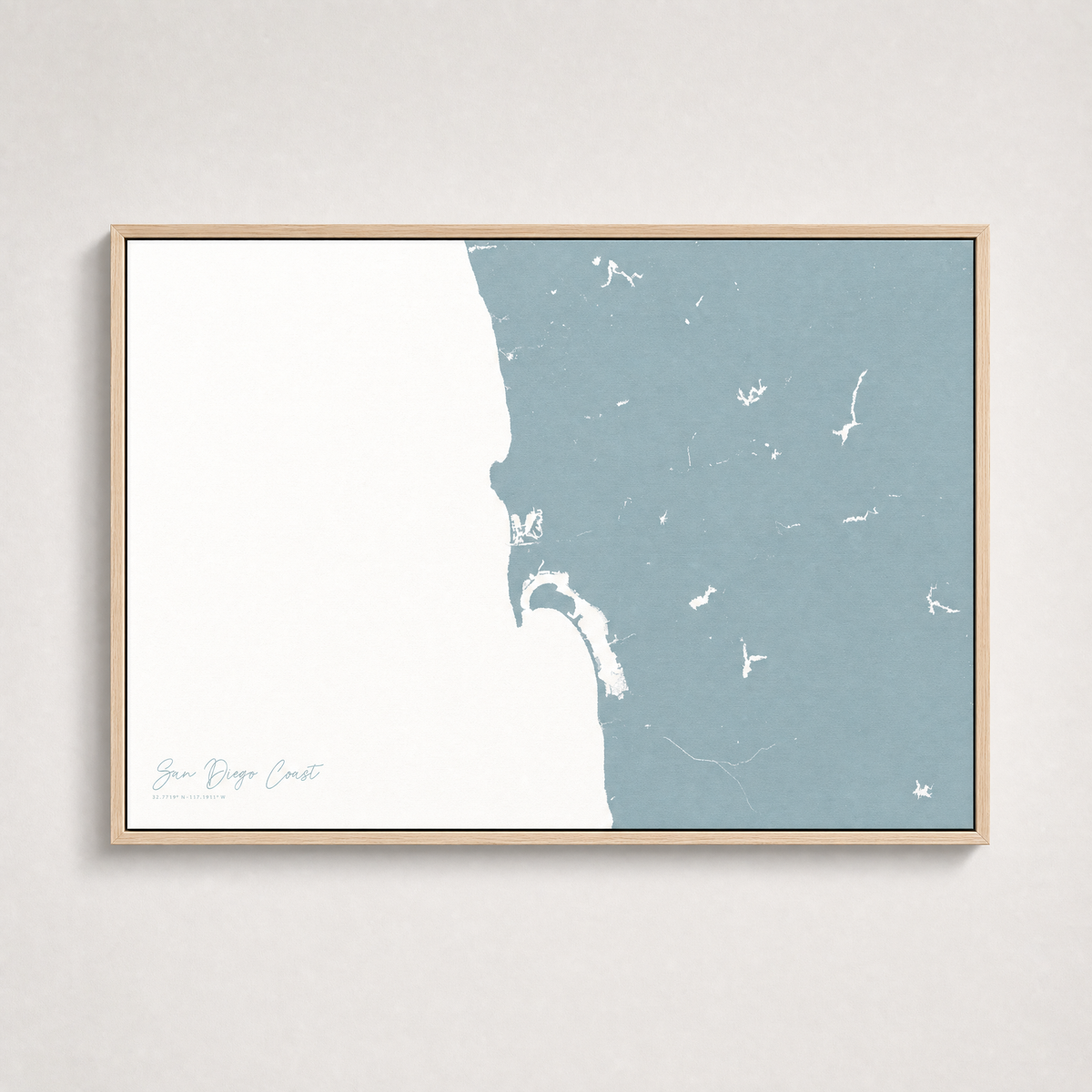 San Diego Coast Coastal Map — Canvas Horizontal — soft-blue, Light Wood