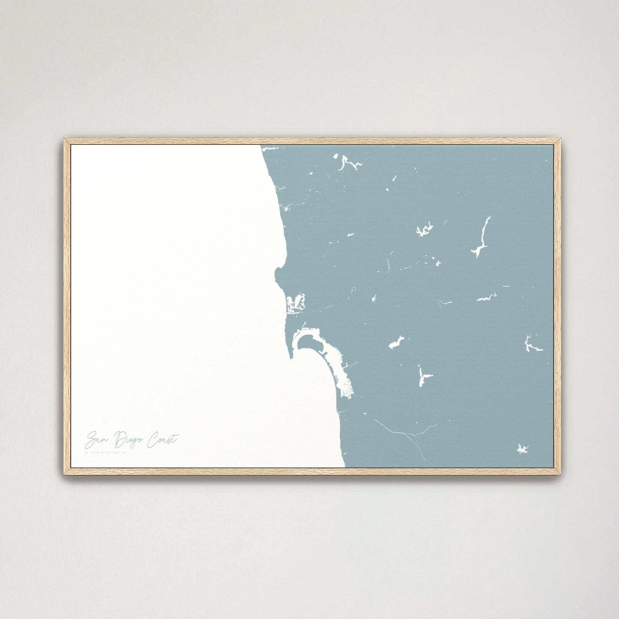 San Diego Coast Coastal Map — Canvas Horizontal, soft-blue, Natural Oak