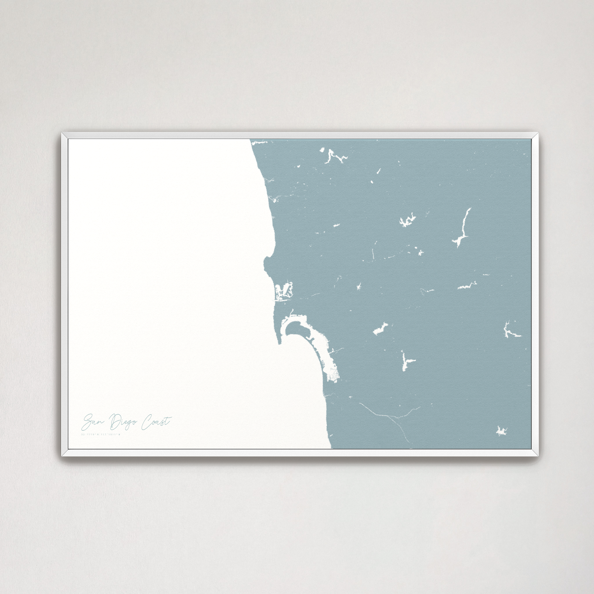 San Diego Coast Coastal Map — Canvas Horizontal, soft-blue, White Frame