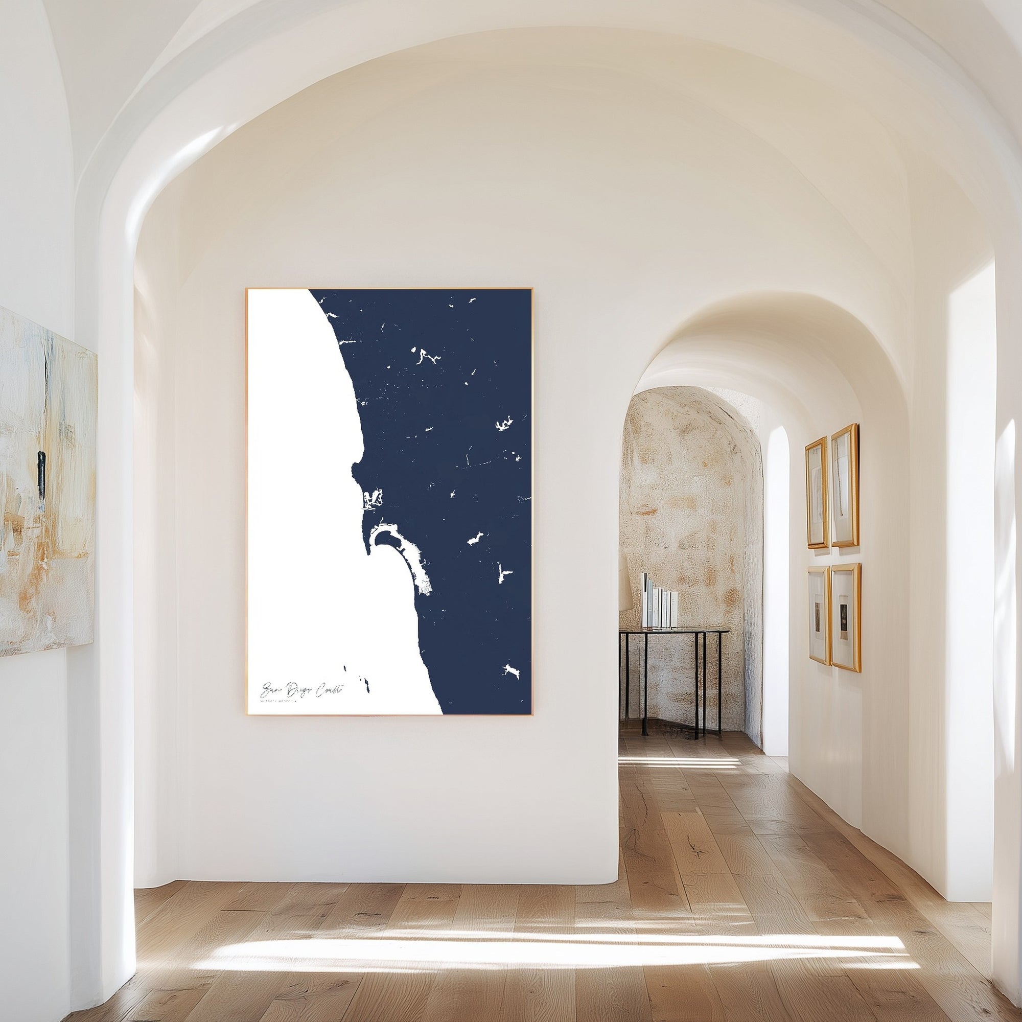 San Diego Coast navy vertical canvas map in the Bello mixed room scene