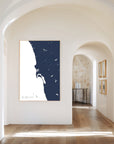 San Diego Coast navy vertical canvas map in the Bello mixed room scene