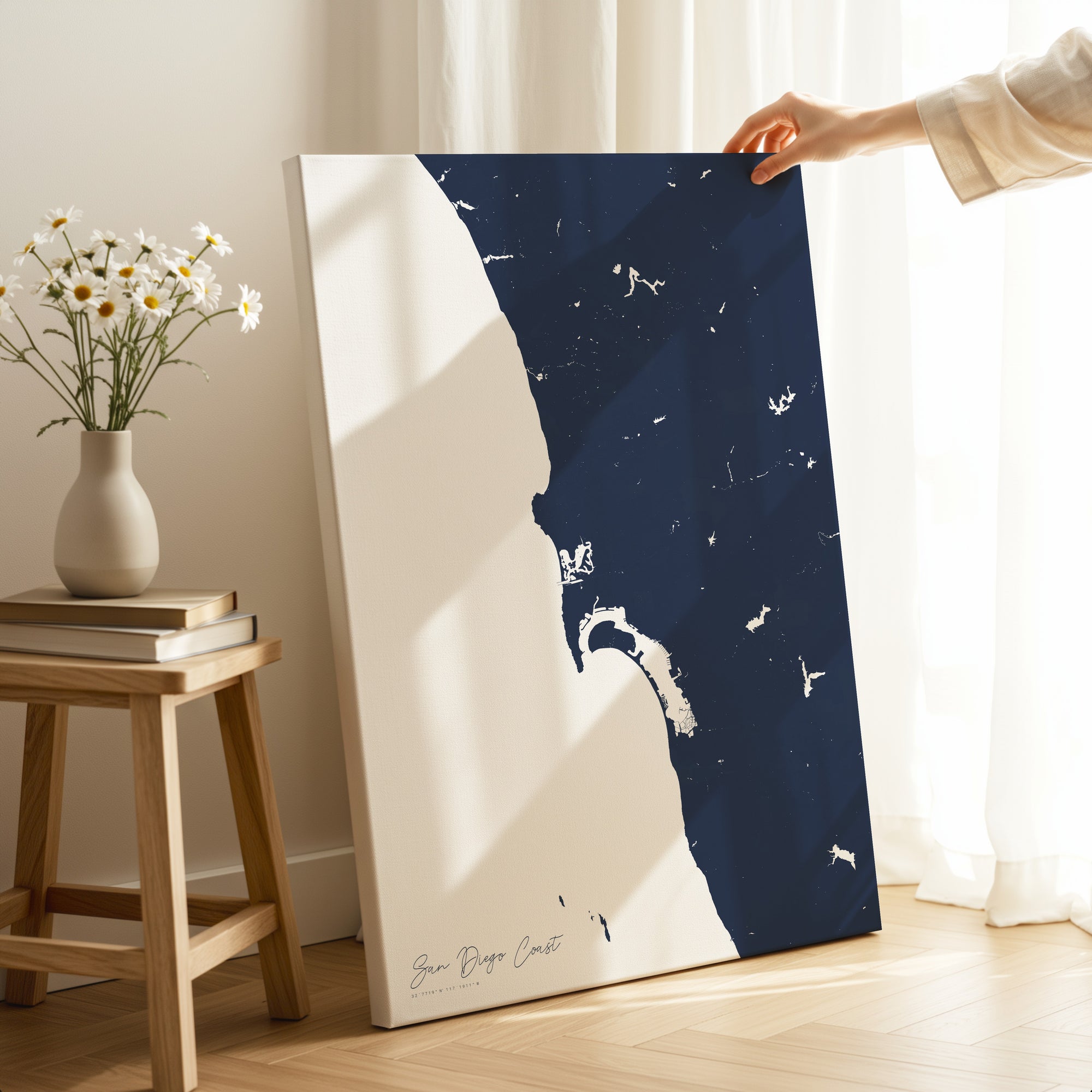 San Diego Coast navy vertical wrapped canvas map in the ratio 2:3 hand mockup