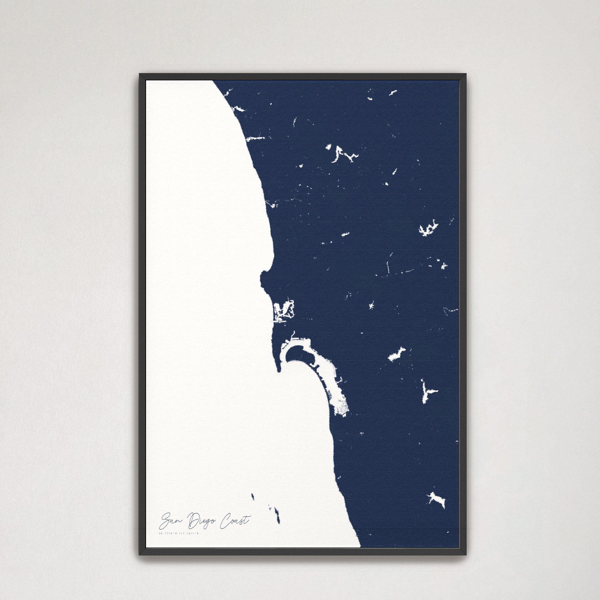 San Diego Coast Coastal Map — Canvas Vertical, navy, Black Frame