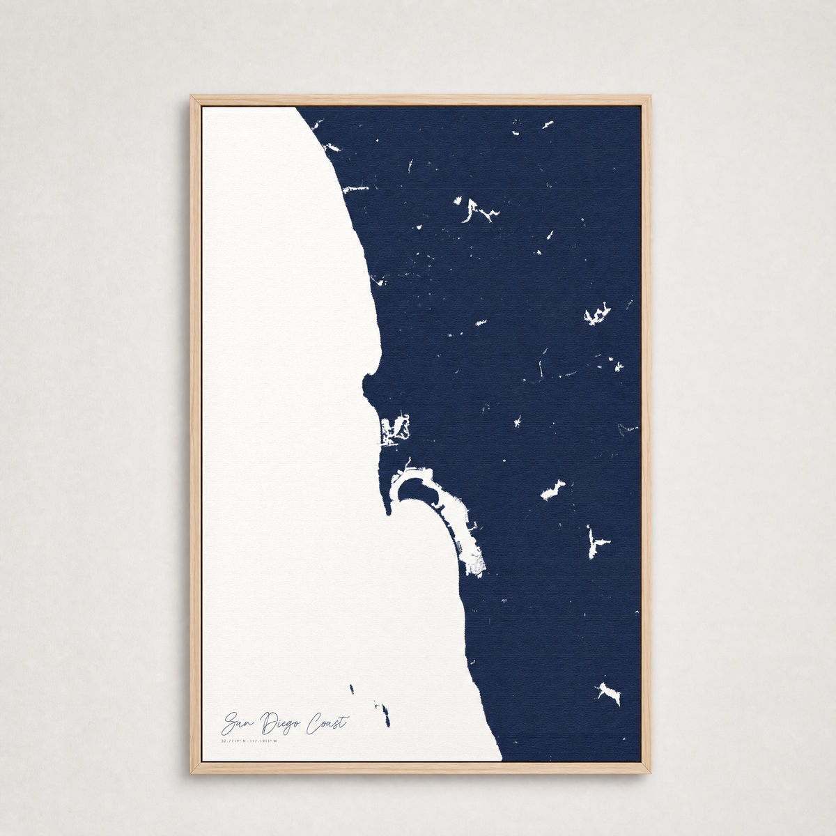 San Diego Coast Coastal Map — Canvas Vertical — navy, Light Wood