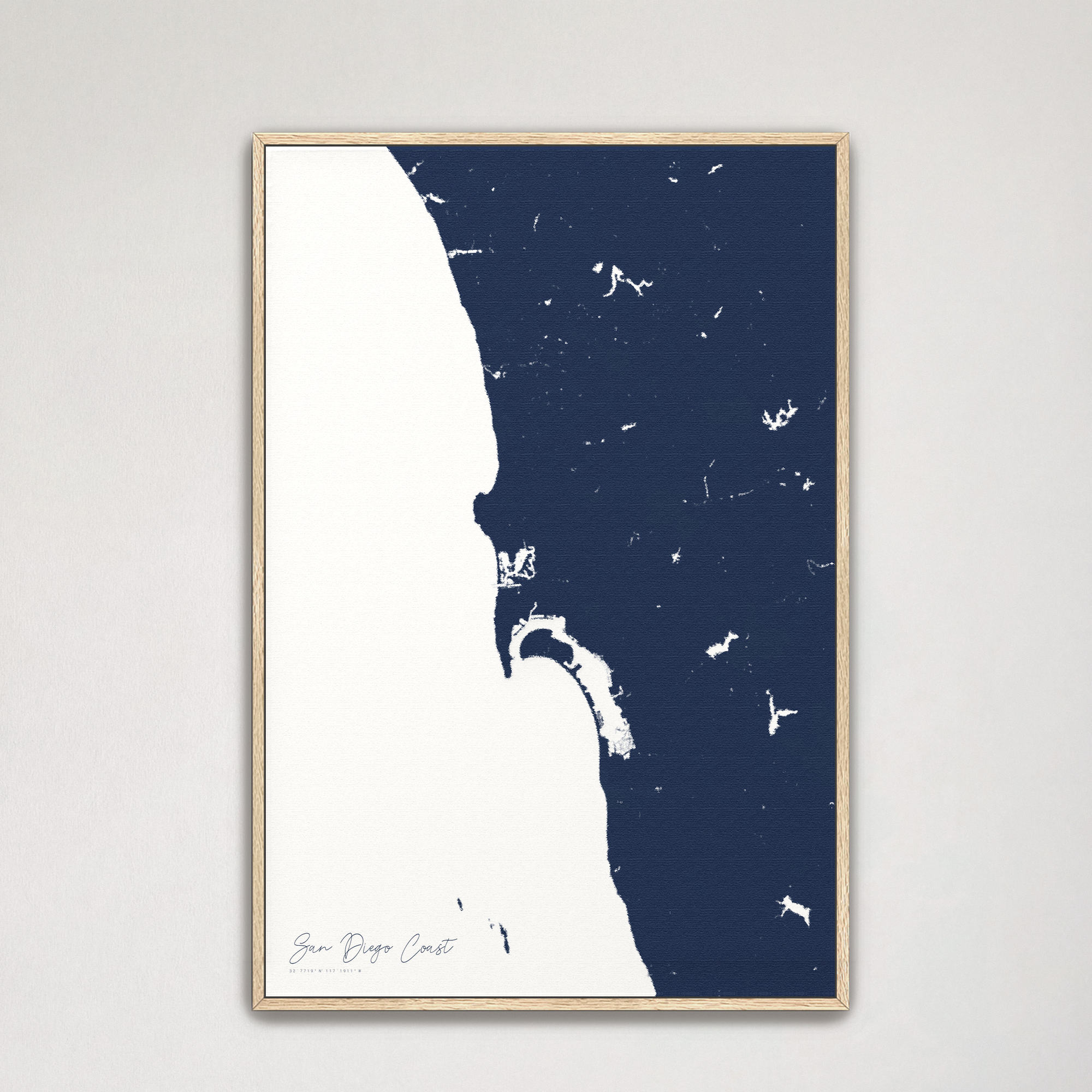San Diego Coast Coastal Map — Canvas Vertical, navy, Natural Oak
