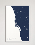 San Diego Coast Coastal Map — Canvas Vertical, navy, White Frame
