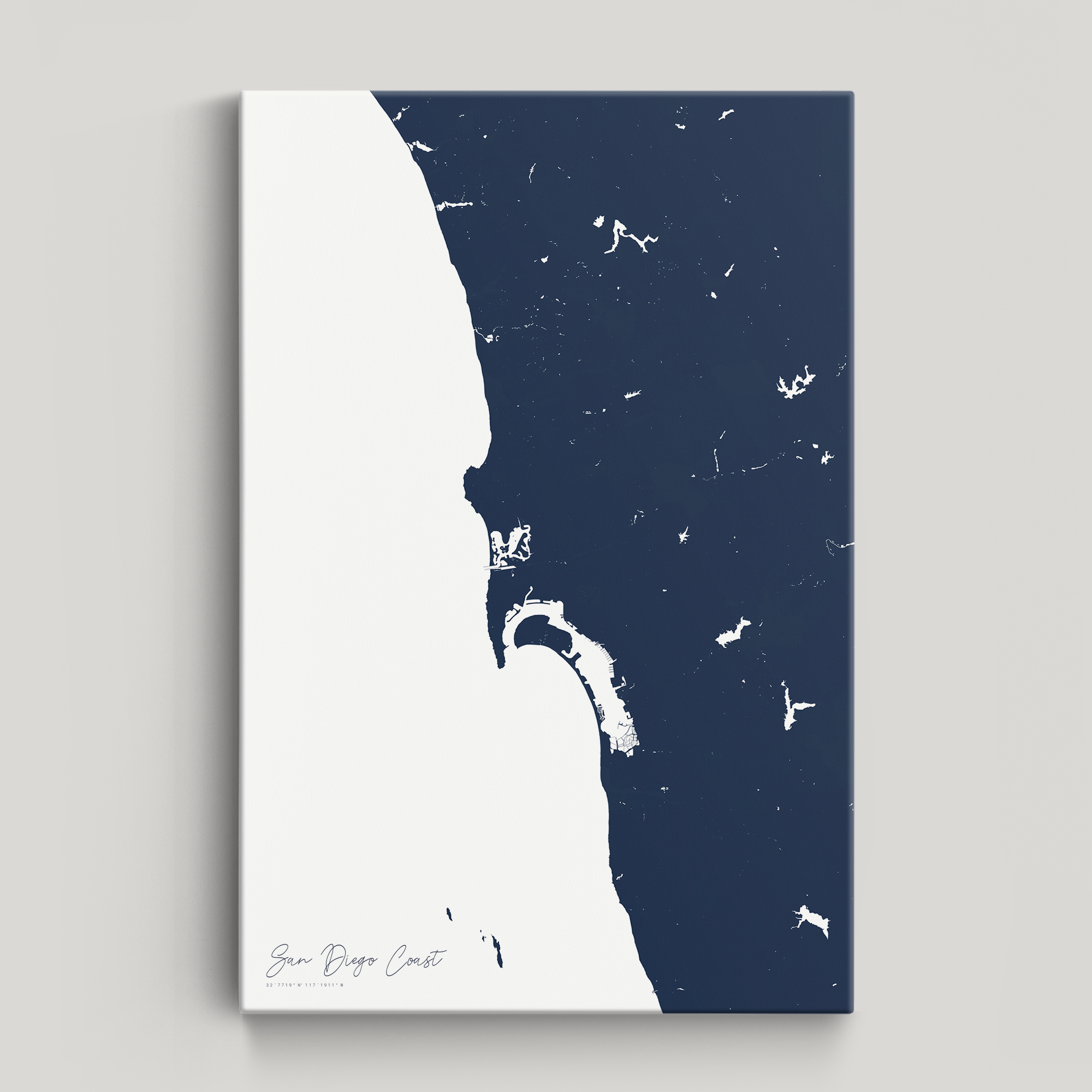 San Diego Coast Coastal Map — Canvas Vertical, navy, No Frame
