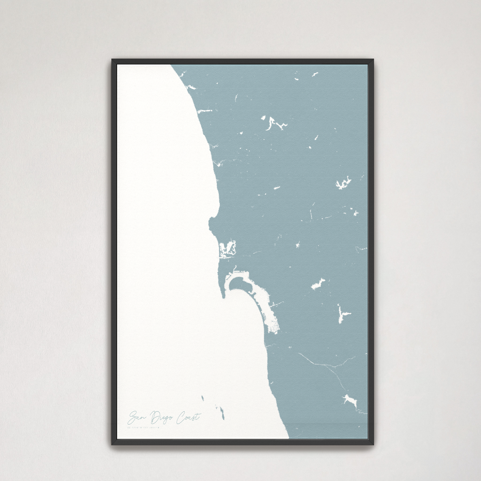 San Diego Coast Coastal Map — Canvas Vertical, soft-blue, Black Frame