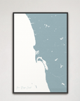 San Diego Coast Coastal Map — Canvas Vertical, soft-blue, Black Frame