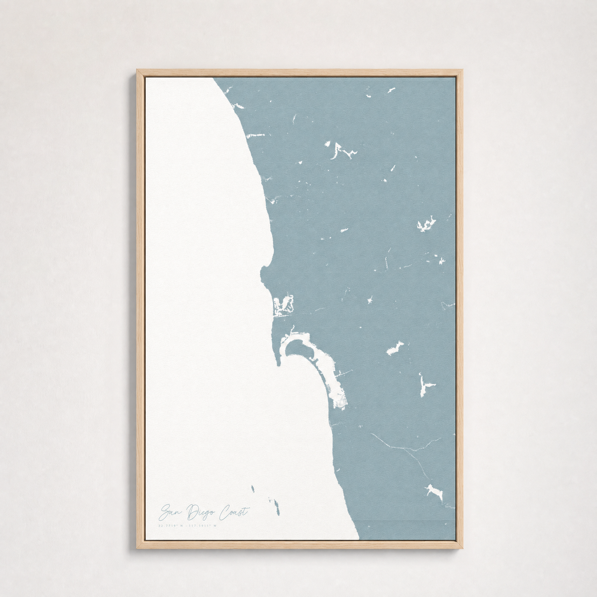 San Diego Coast Coastal Map — Canvas Vertical — soft-blue, Light Wood
