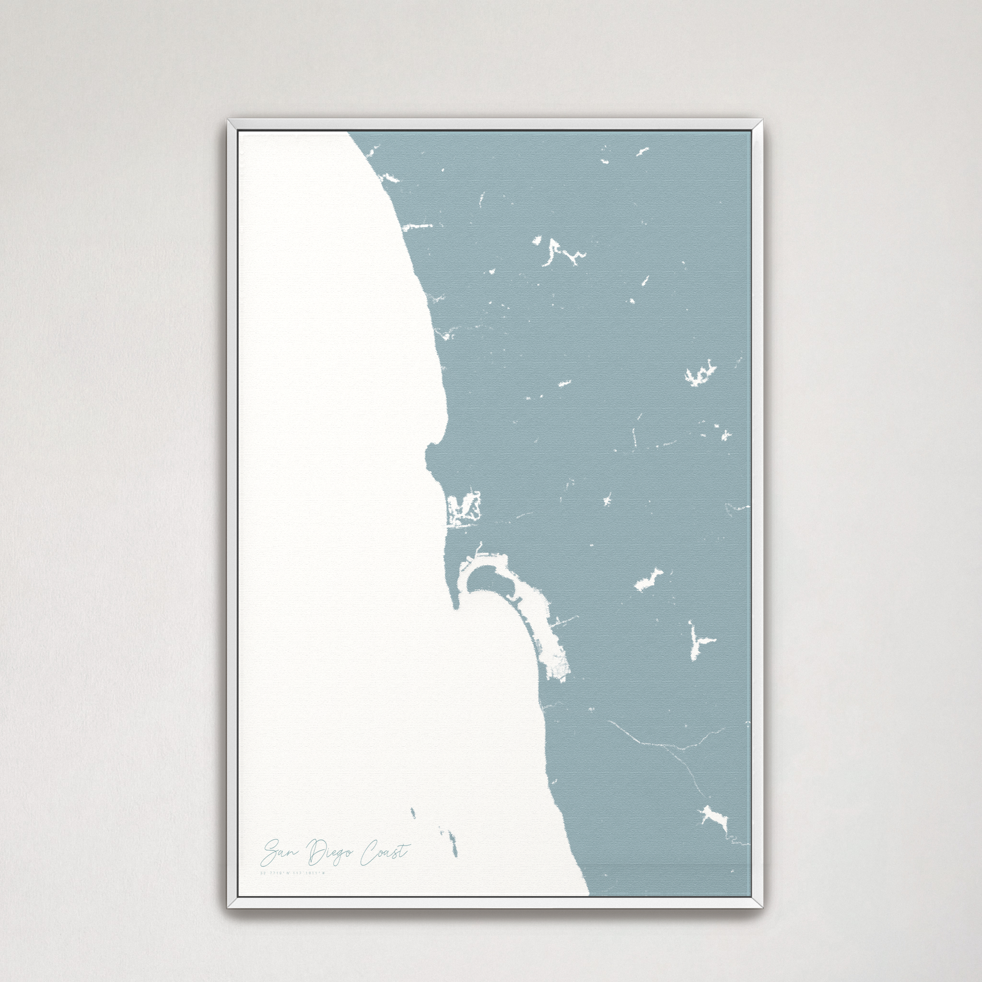 San Diego Coast Coastal Map — Canvas Vertical, soft-blue, White Frame