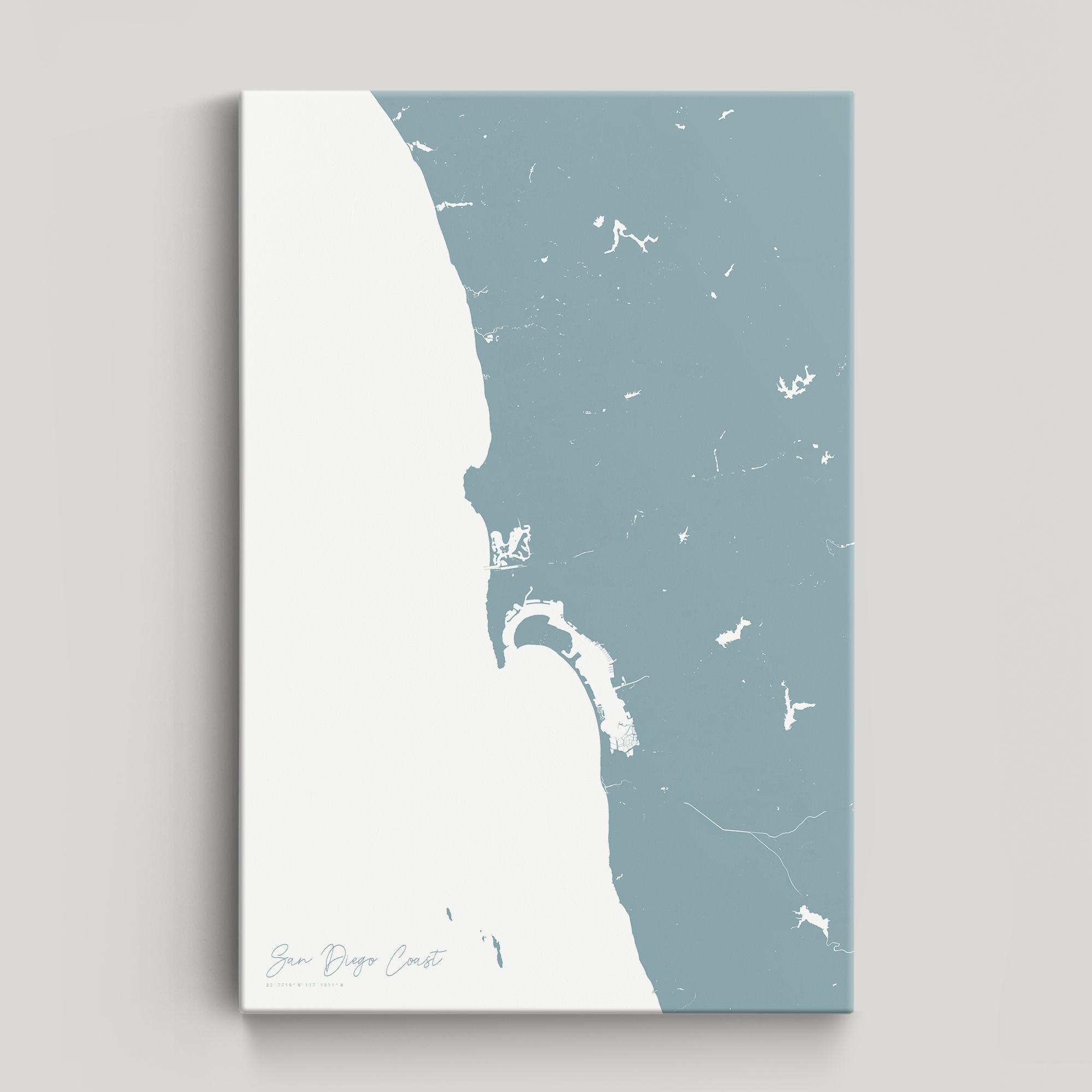 San Diego Coast Coastal Map — Canvas Vertical, soft-blue, No Frame