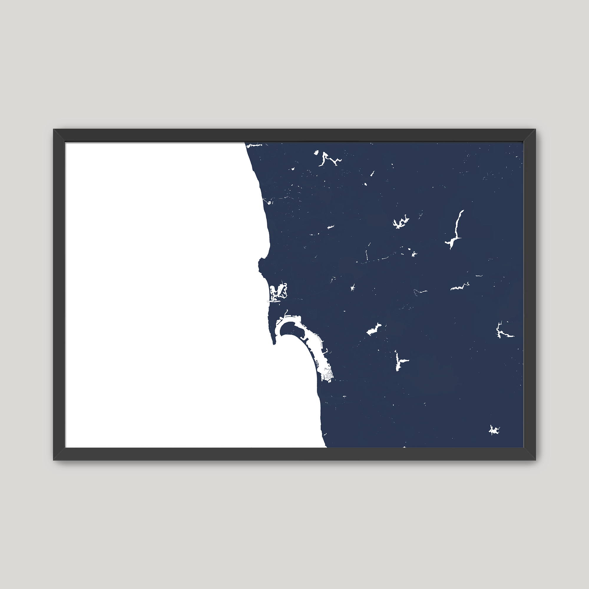 San Diego Coast Coastal Map — Fine Art Print Horizontal, navy, Black Frame, 10x8