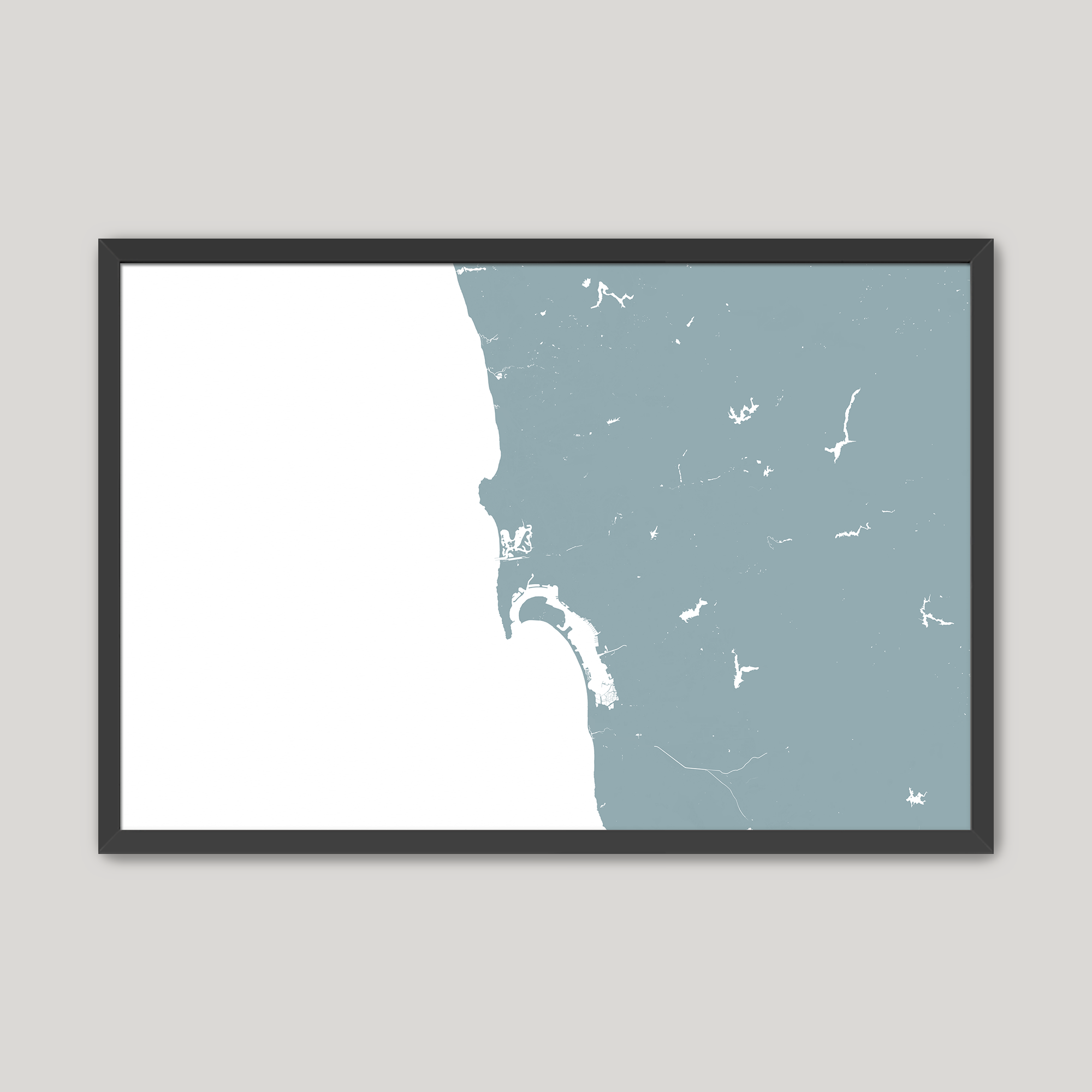 San Diego Coast Coastal Map — Fine Art Print Horizontal, soft-blue, Black Frame, 10x8