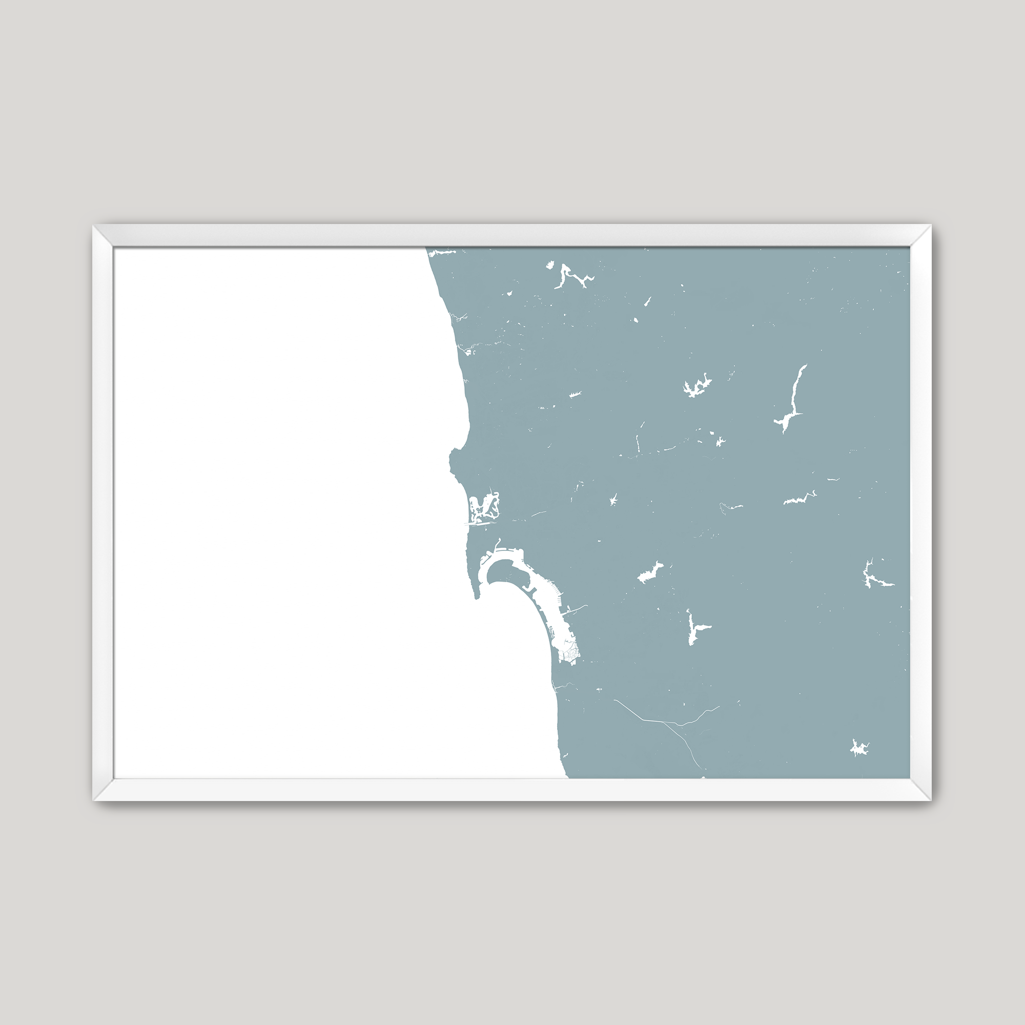 San Diego Coast Coastal Map — Fine Art Print Horizontal, soft-blue, White Frame, 10x8