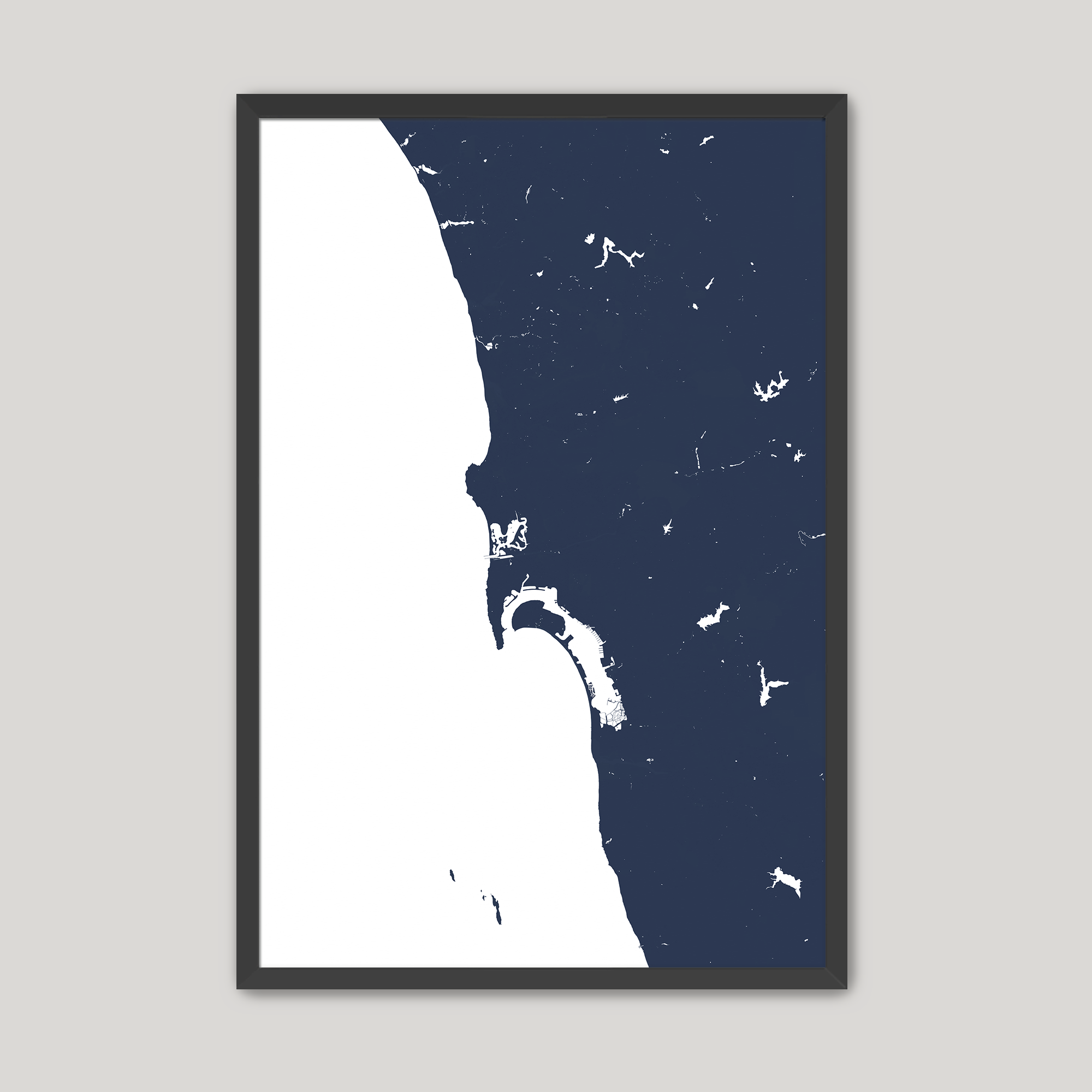 San Diego Coast Coastal Map — Fine Art Print Vertical, navy, Black Frame, 8x10