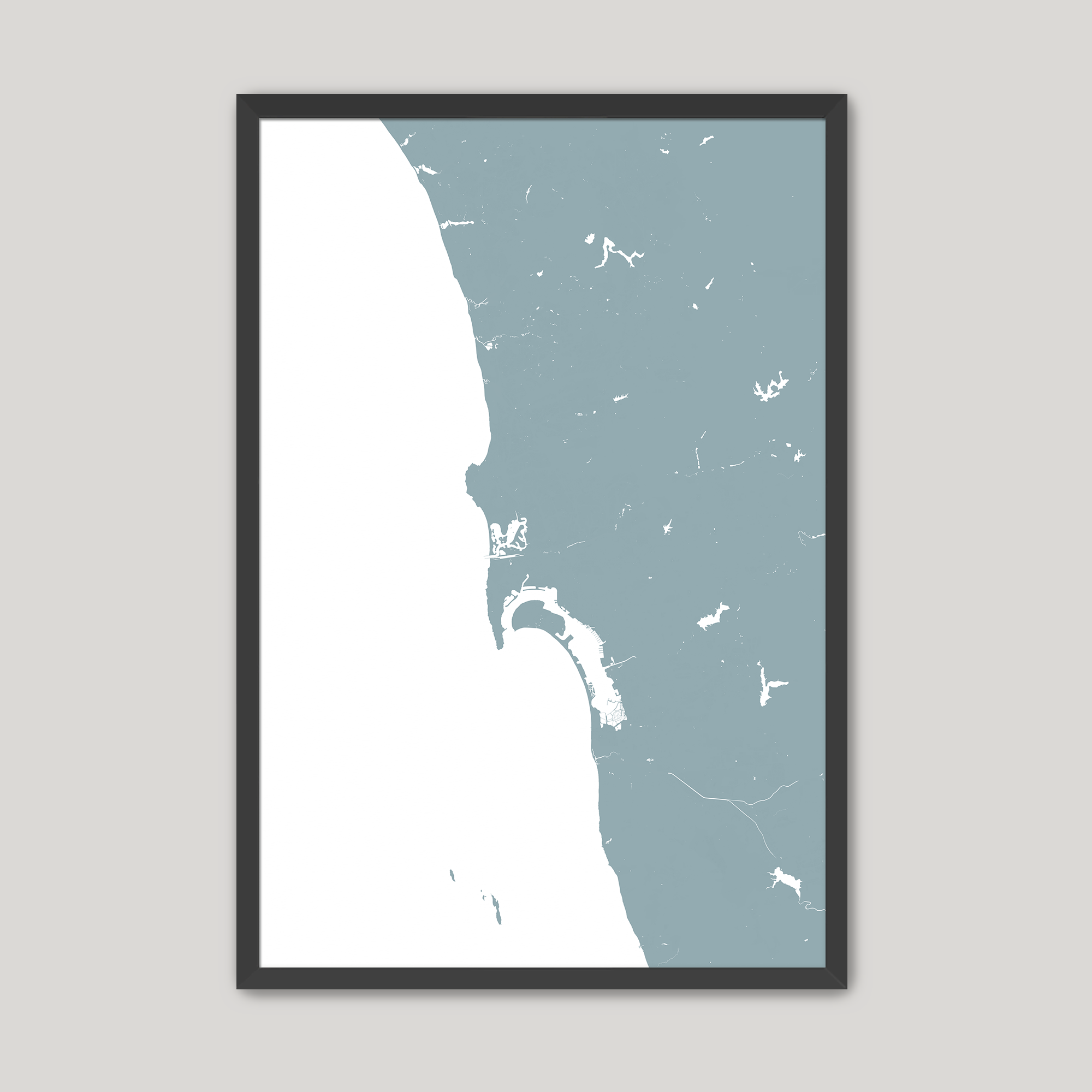 San Diego Coast Coastal Map — Fine Art Print Vertical, soft-blue, Black Frame, 8x10