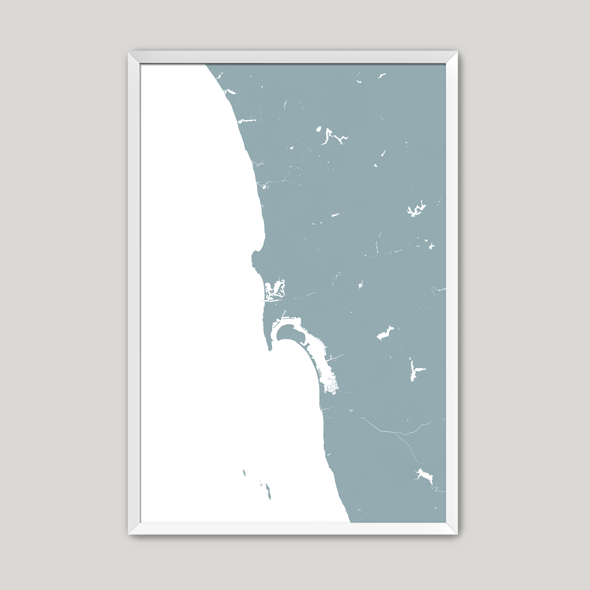 San Diego Coast Coastal Map — Fine Art Print Vertical, soft-blue, White Frame, 8x10
