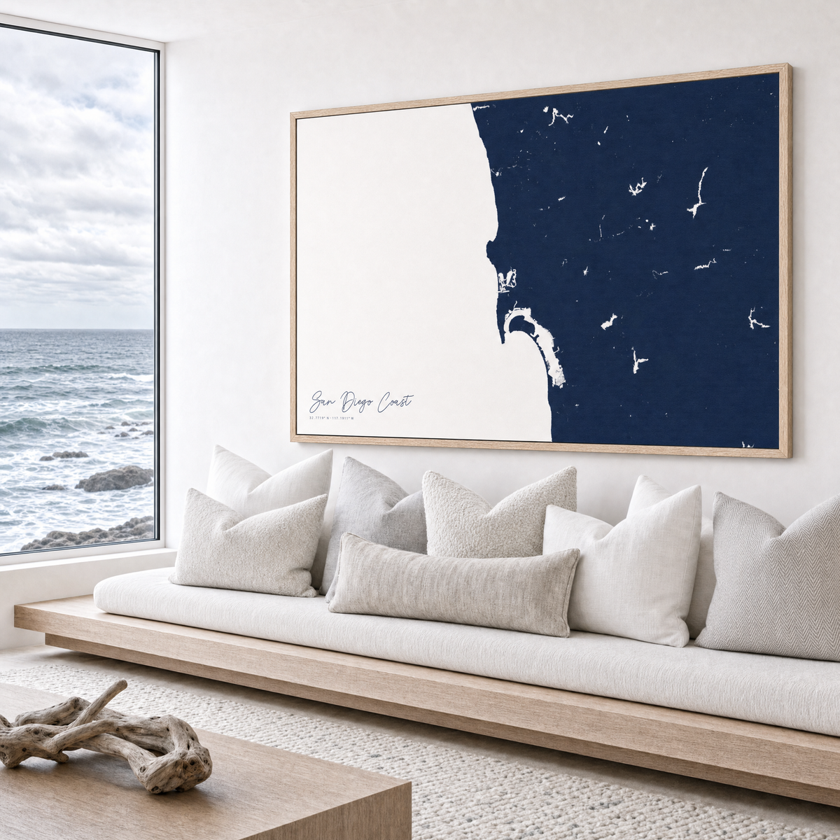 San Diego Coast canvas map — sea-view bench interior
