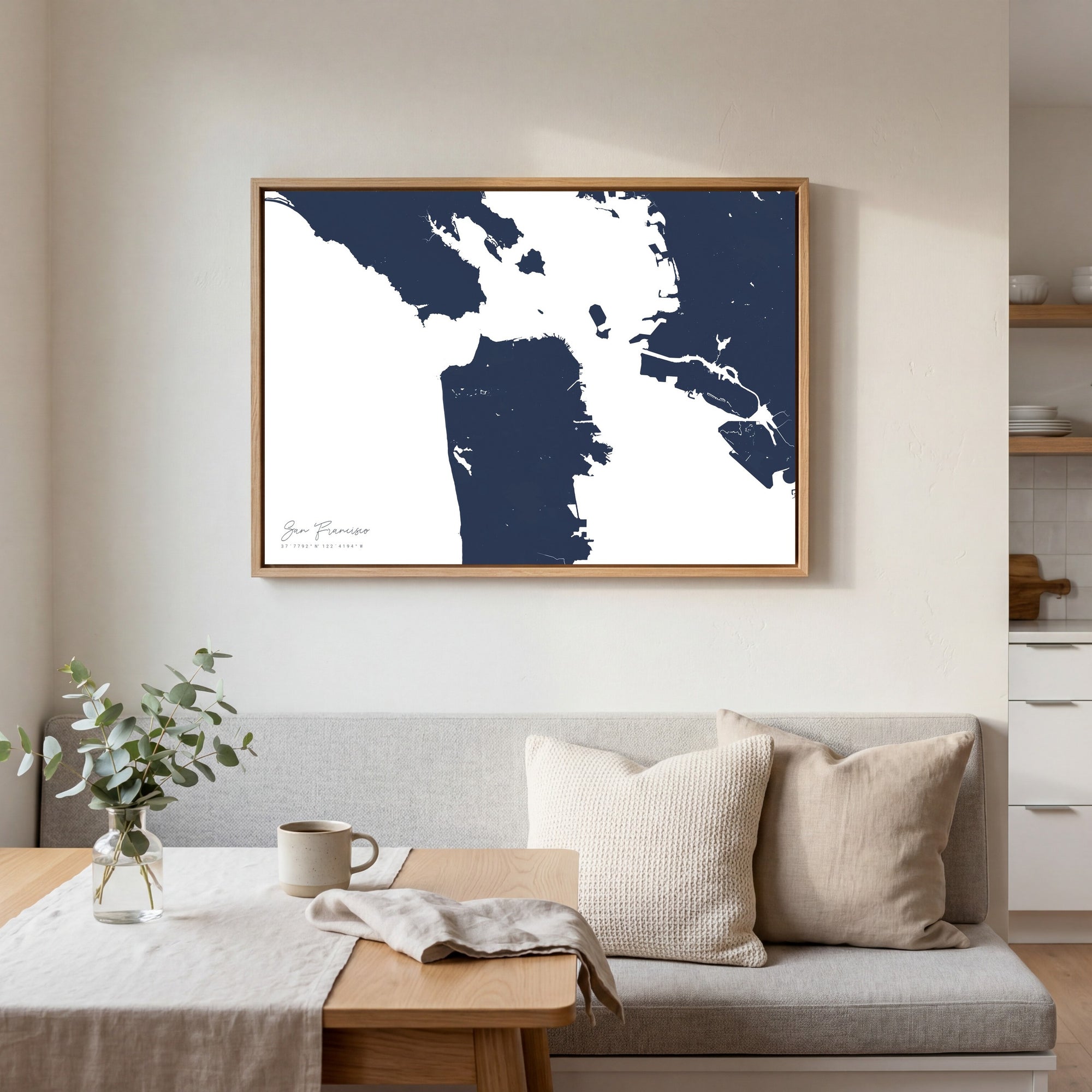 San Francisco navy horizontal canvas map in an oak framed room scene