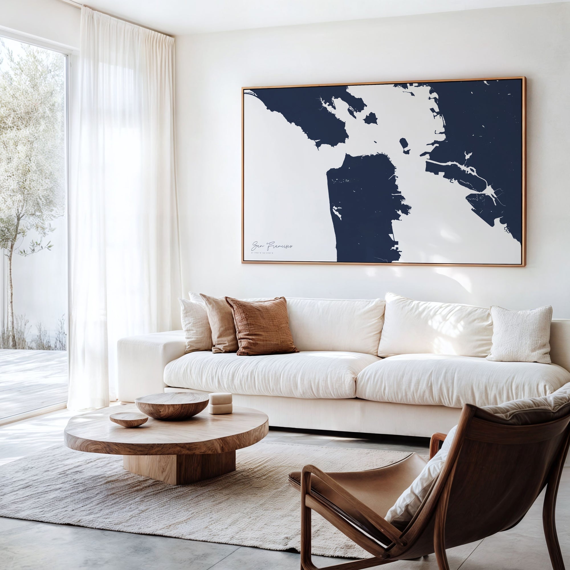 San Francisco navy horizontal canvas map in an oak framed room scene