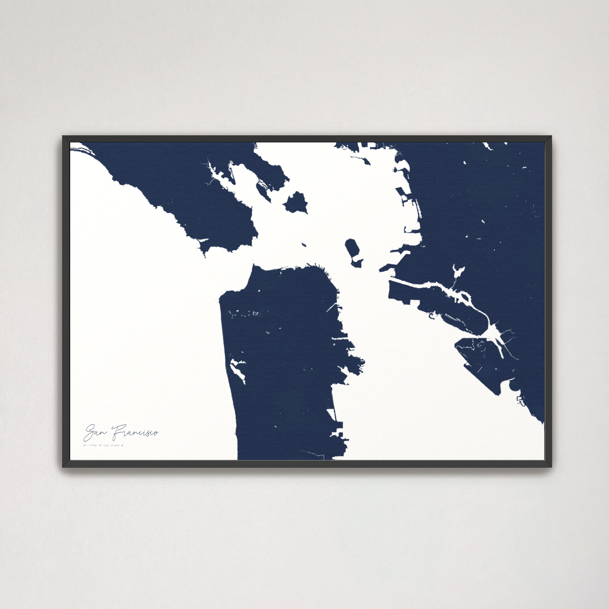 San Francisco Coastal Map — Canvas Horizontal, navy, Black Frame