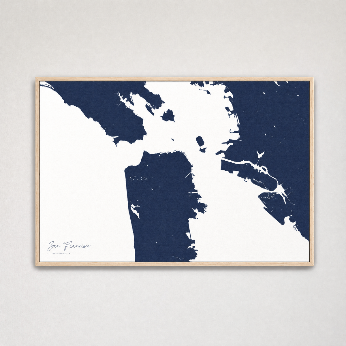 San Francisco Coastal Map — Canvas Horizontal — navy, Light Wood