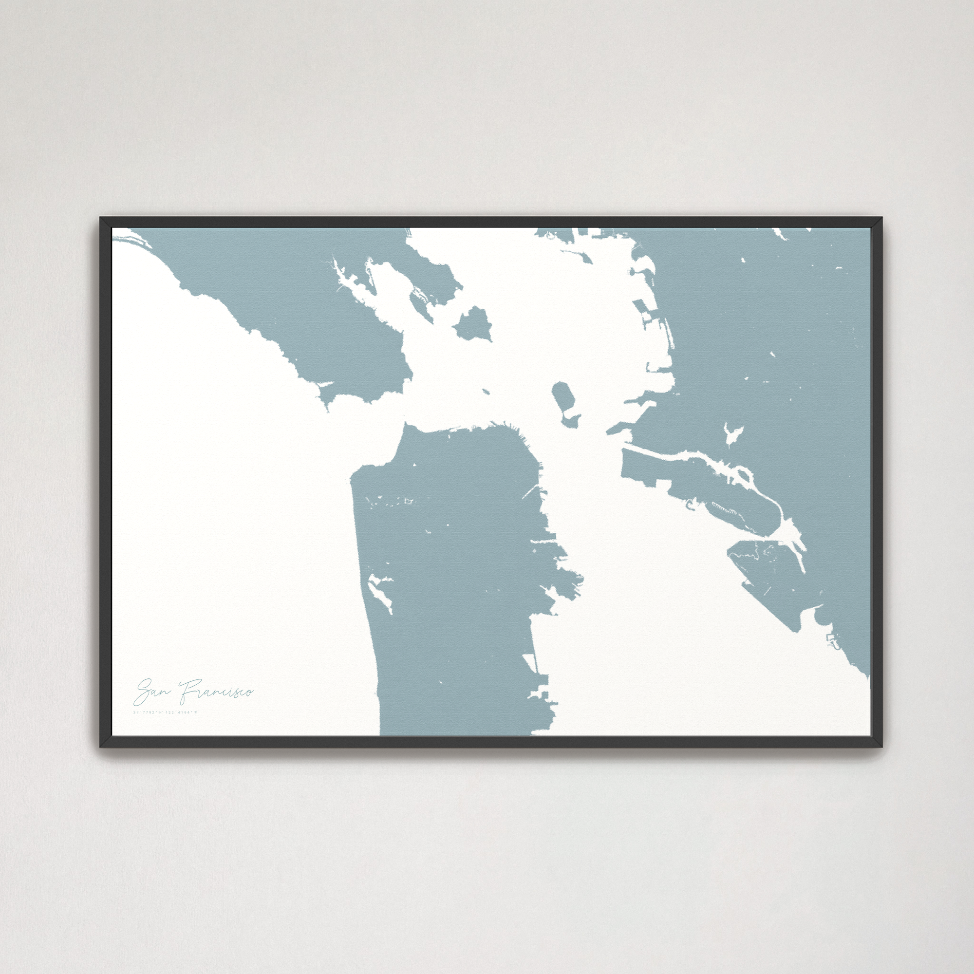 San Francisco Coastal Map — Canvas Horizontal, soft-blue, Black Frame