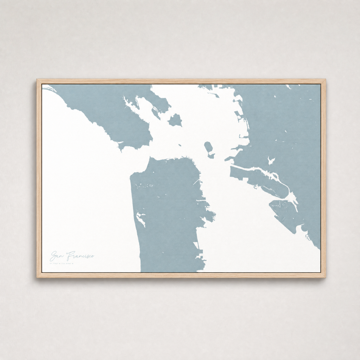 San Francisco Coastal Map — Canvas Horizontal — soft-blue, Light Wood