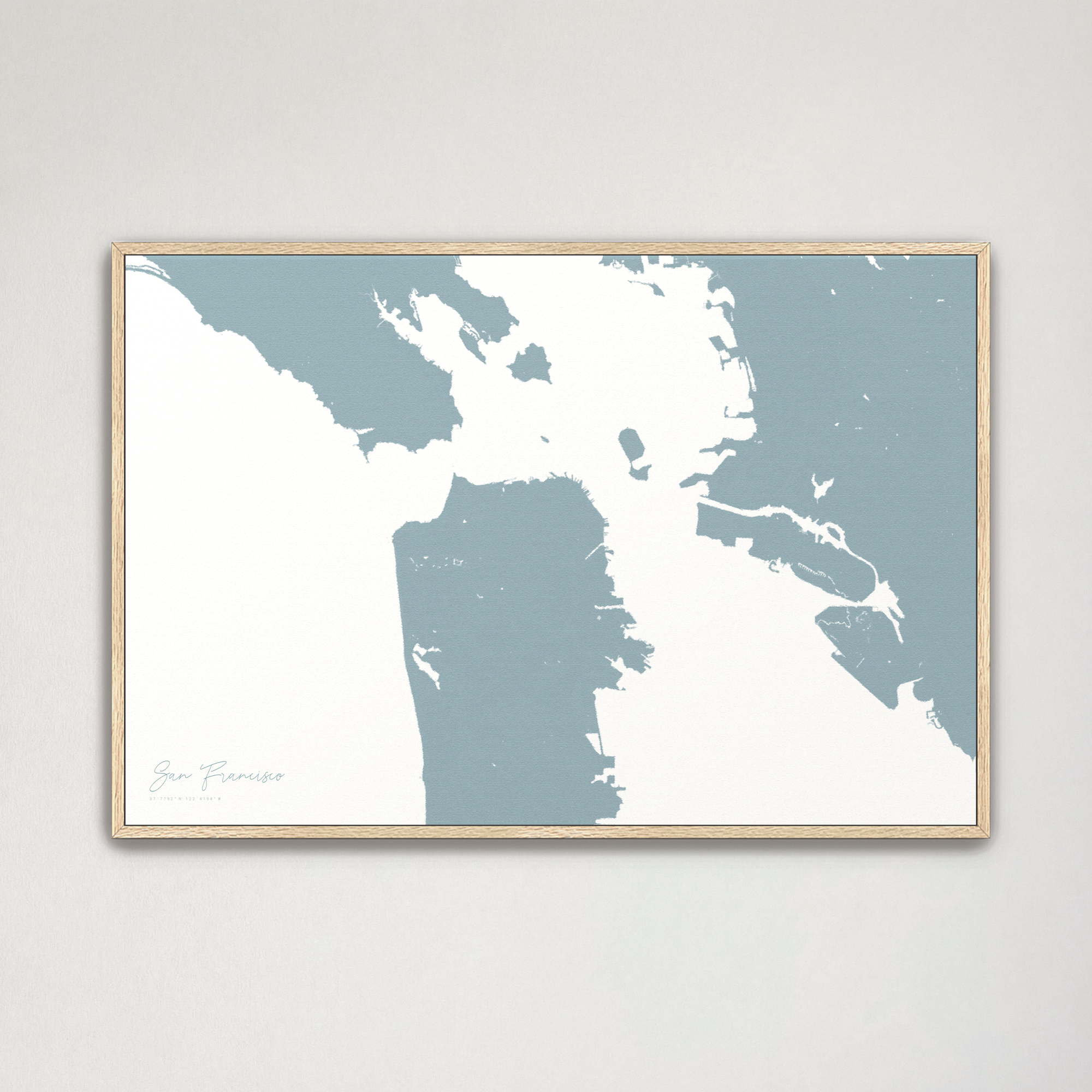San Francisco Coastal Map — Canvas Horizontal, soft-blue, Natural Oak