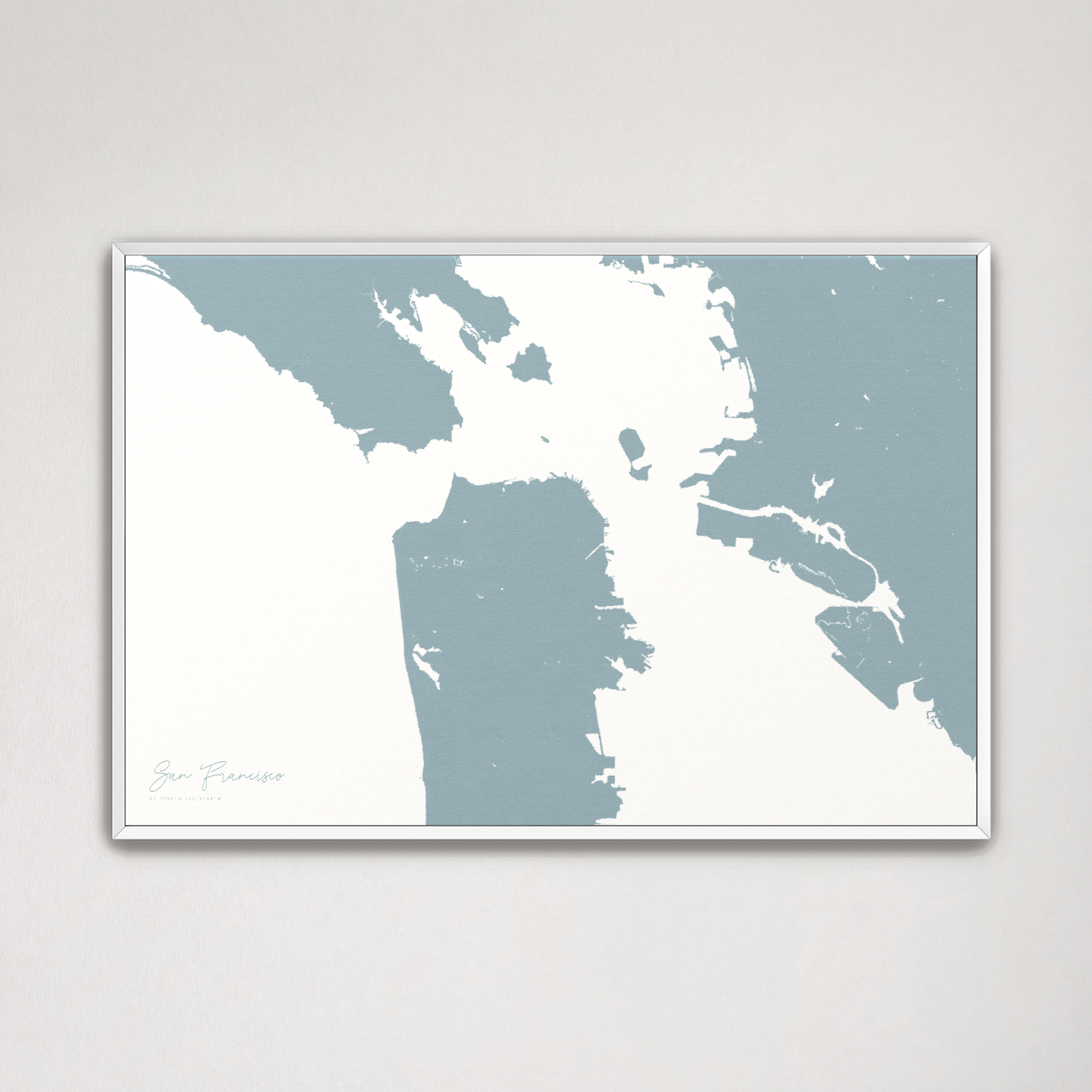 San Francisco Coastal Map — Canvas Horizontal, soft-blue, White Frame