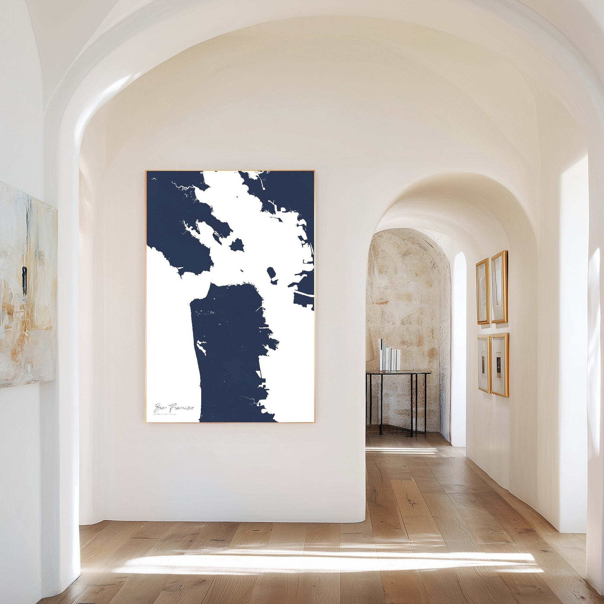 San Francisco navy vertical canvas map in the Bello mixed room scene