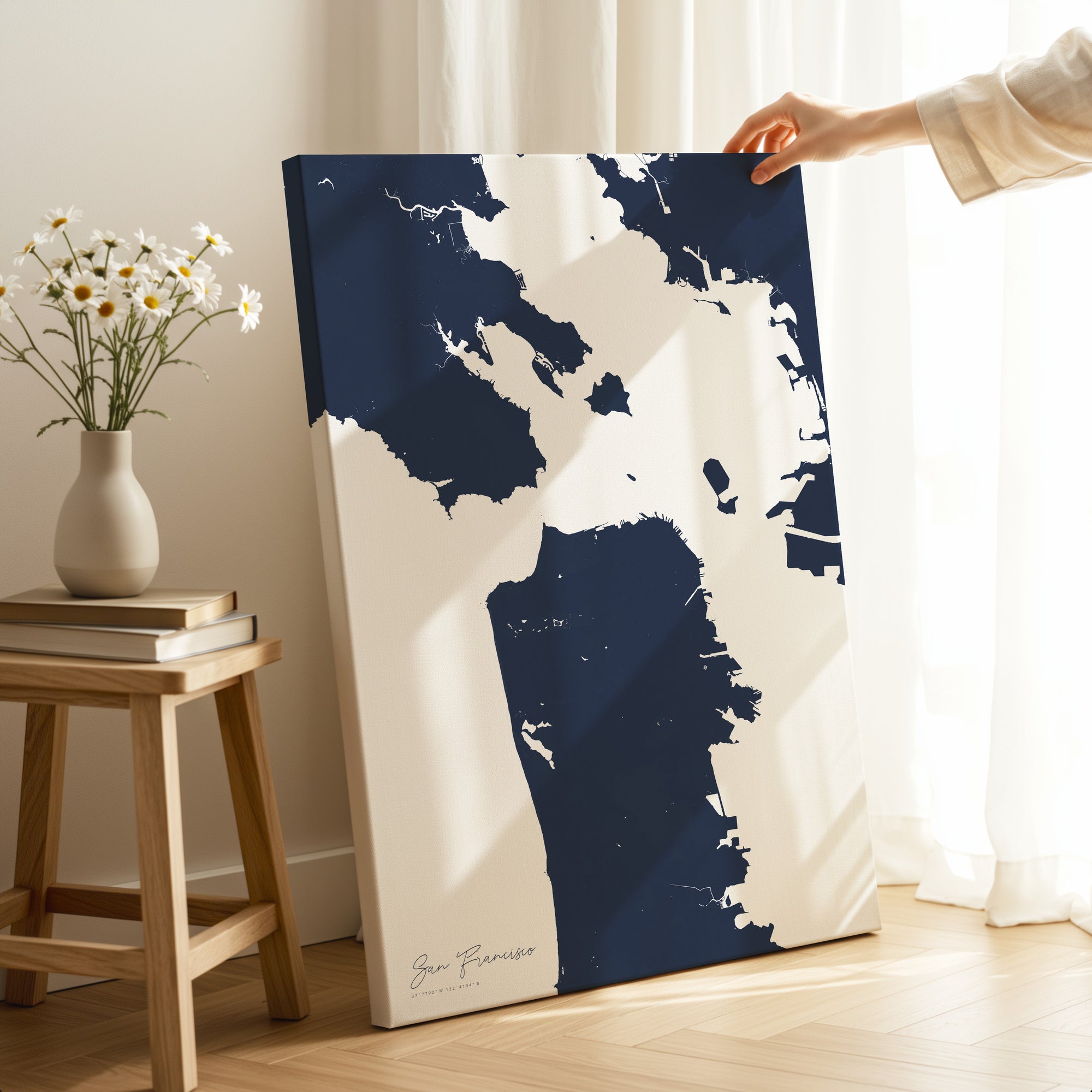 San Francisco navy vertical wrapped canvas map in the ratio 2:3 hand mockup