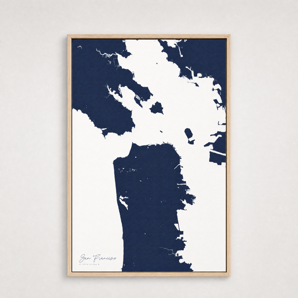 San Francisco Coastal Map — Canvas Vertical — navy, Light Wood