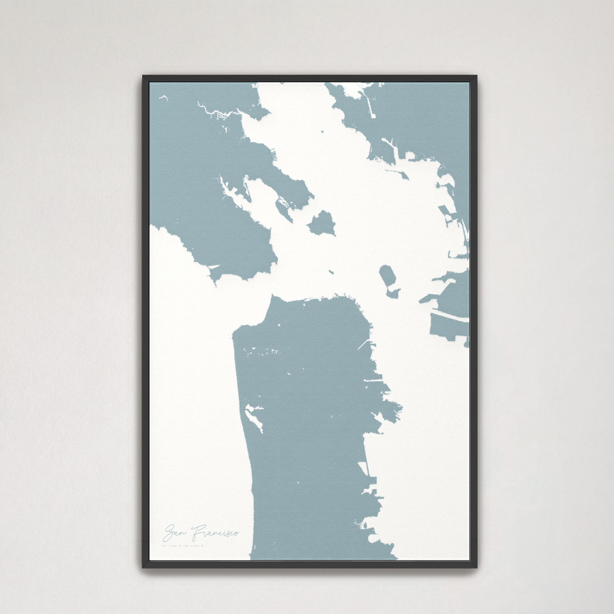 San Francisco Coastal Map — Canvas Vertical, soft-blue, Black Frame