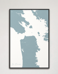 San Francisco Coastal Map — Canvas Vertical, soft-blue, Black Frame