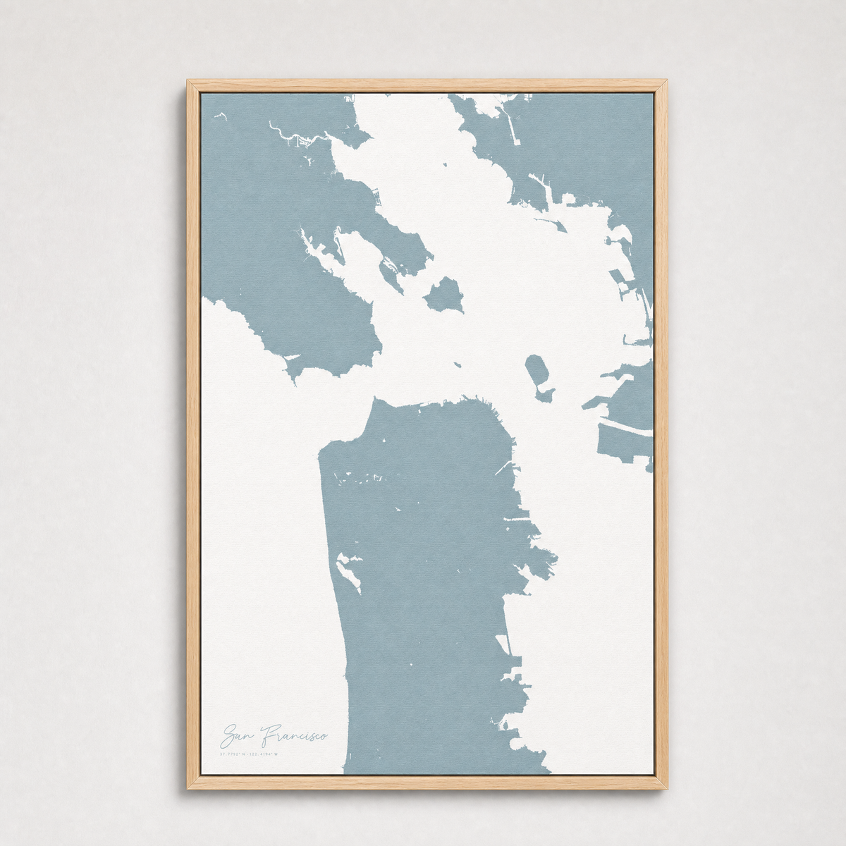 San Francisco Coastal Map — Canvas Vertical — soft-blue, Light Wood