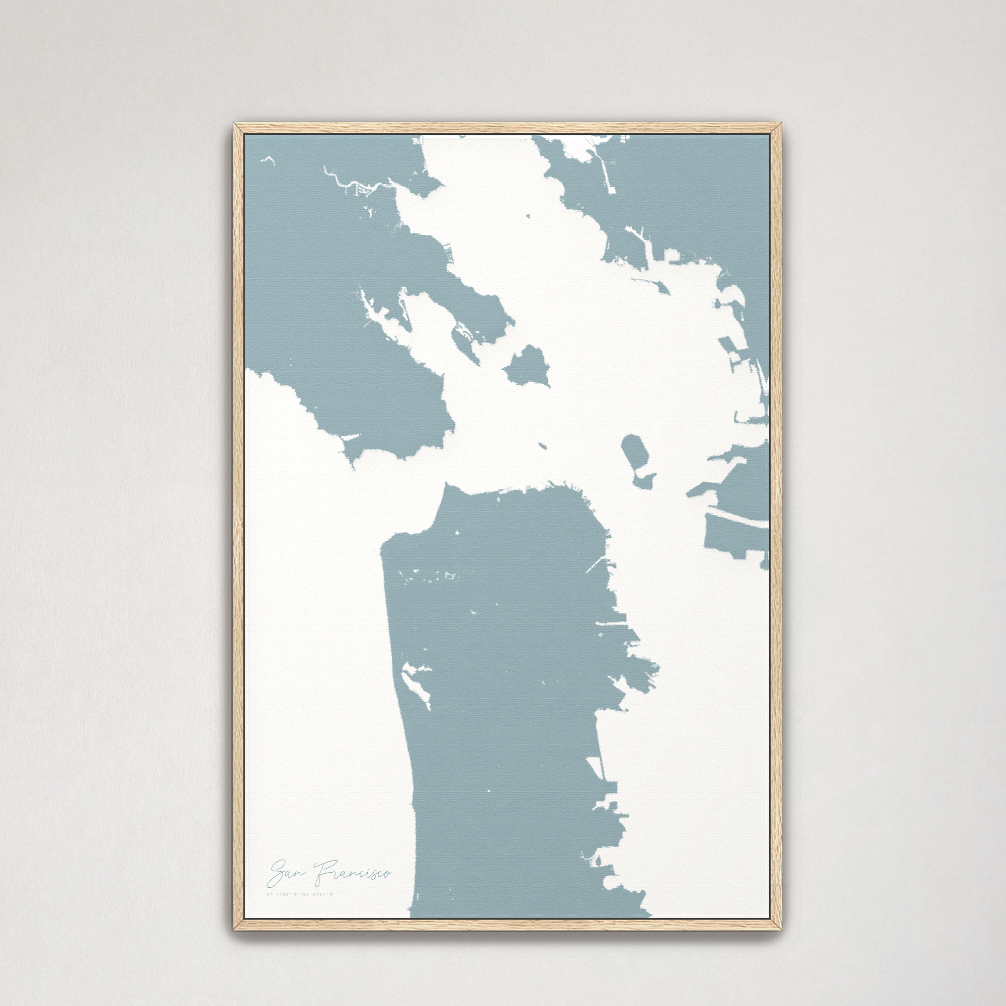 San Francisco Coastal Map — Canvas Vertical, soft-blue, Natural Oak