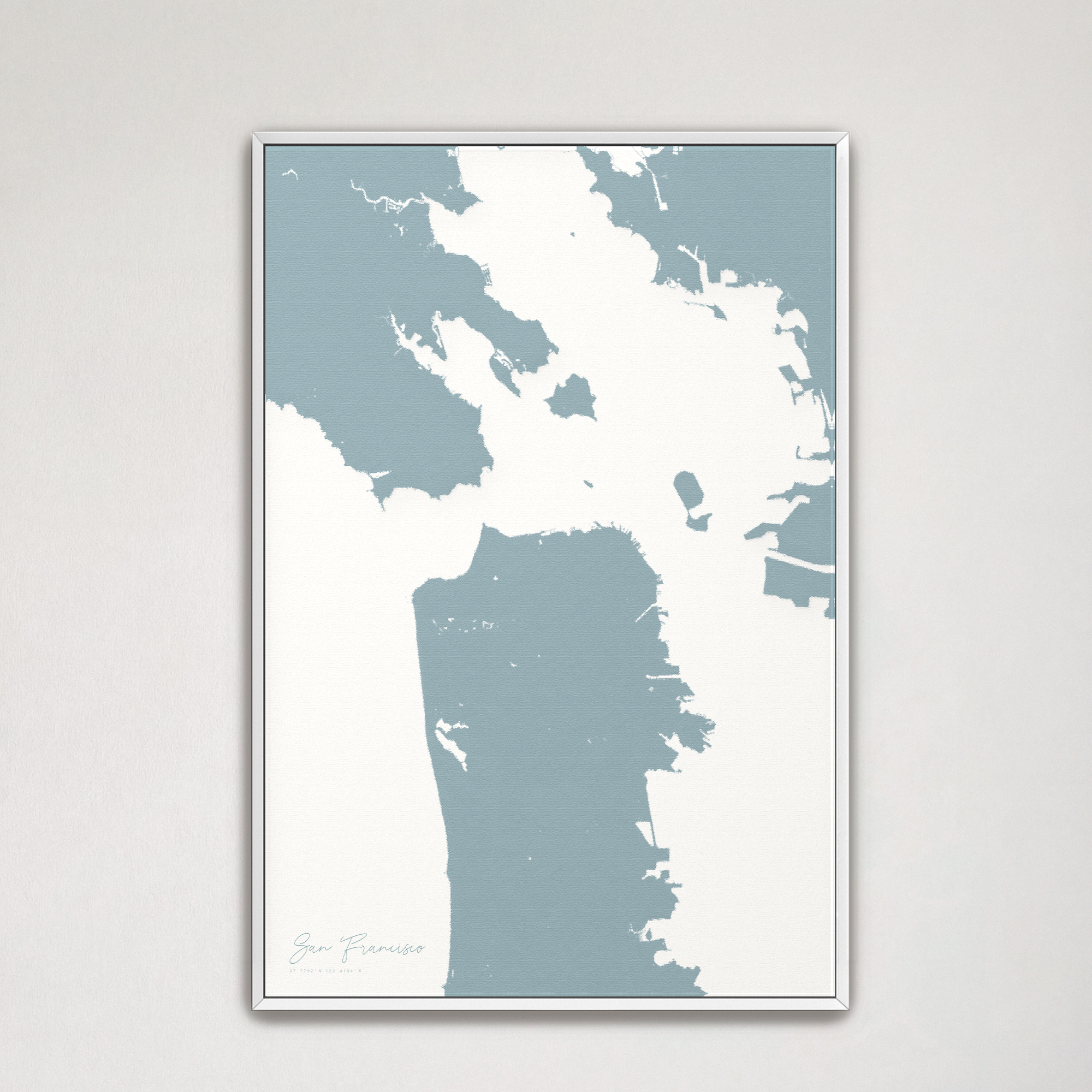 San Francisco Coastal Map — Canvas Vertical, soft-blue, White Frame