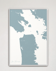 San Francisco Coastal Map — Canvas Vertical, soft-blue, White Frame