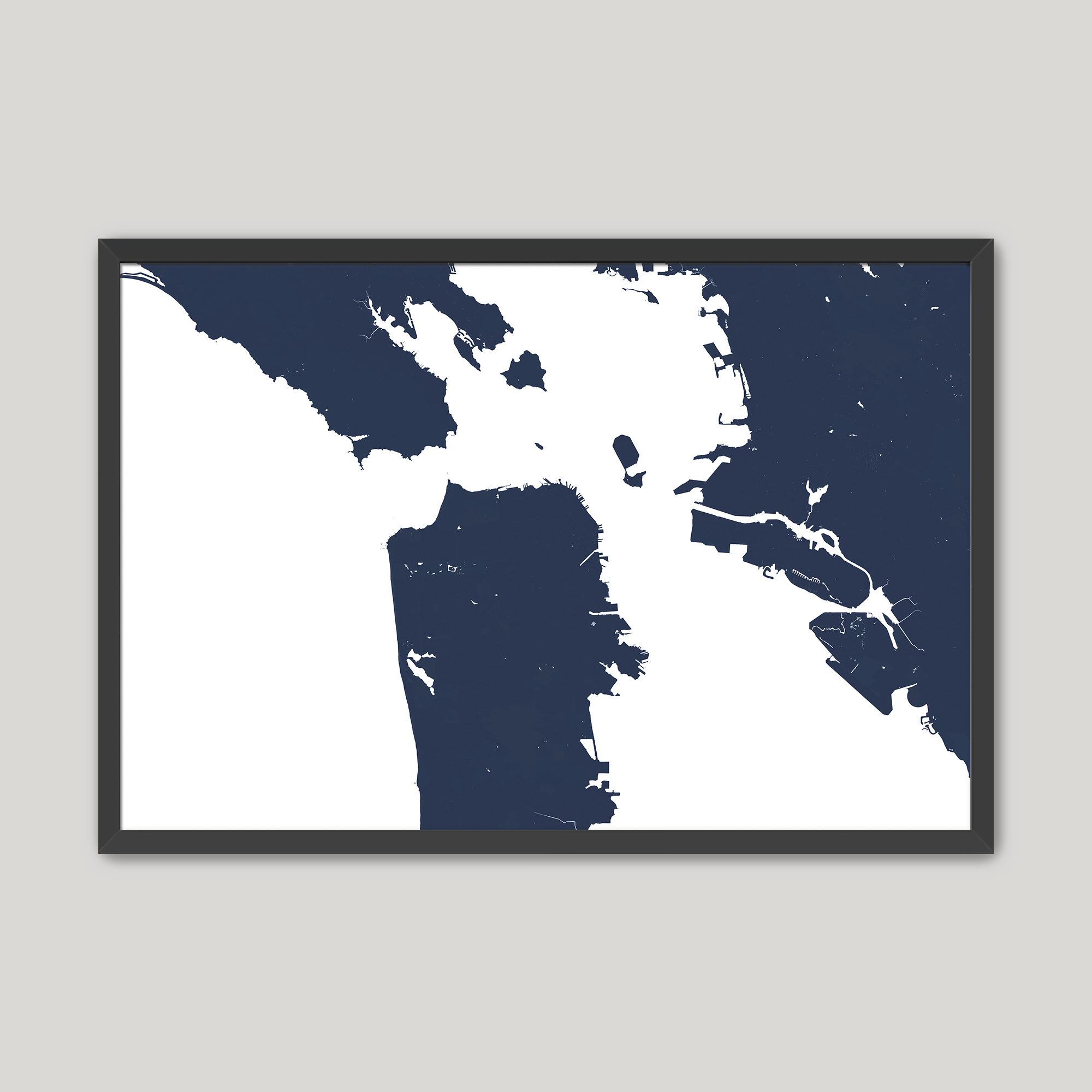 San Francisco Coastal Map — Fine Art Print Horizontal, navy, Black Frame, 10x8