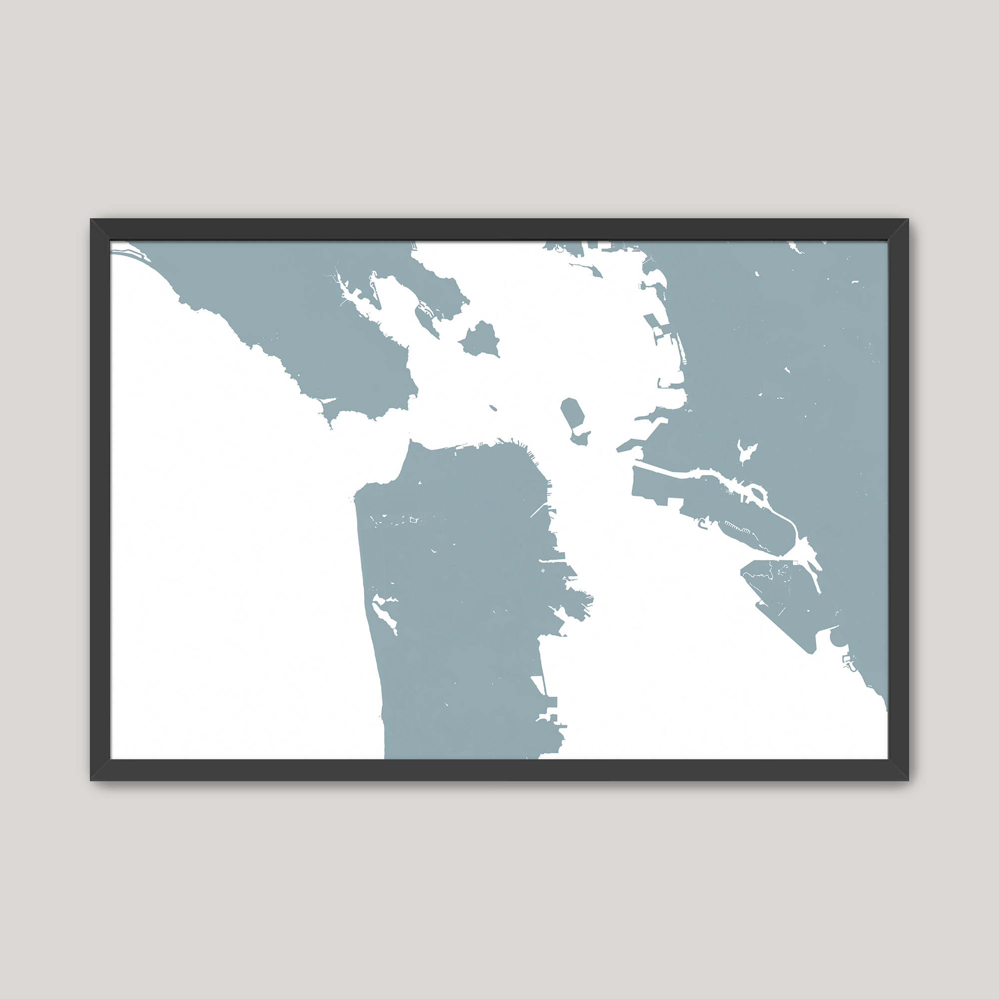 San Francisco Coastal Map — Fine Art Print Horizontal, soft-blue, Black Frame, 10x8