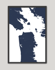 San Francisco Coastal Map — Fine Art Print Vertical, navy, Black Frame, 8x10