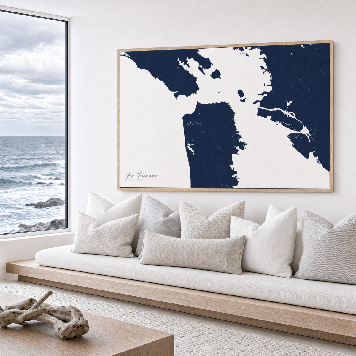San Francisco canvas map — sea-view bench interior
